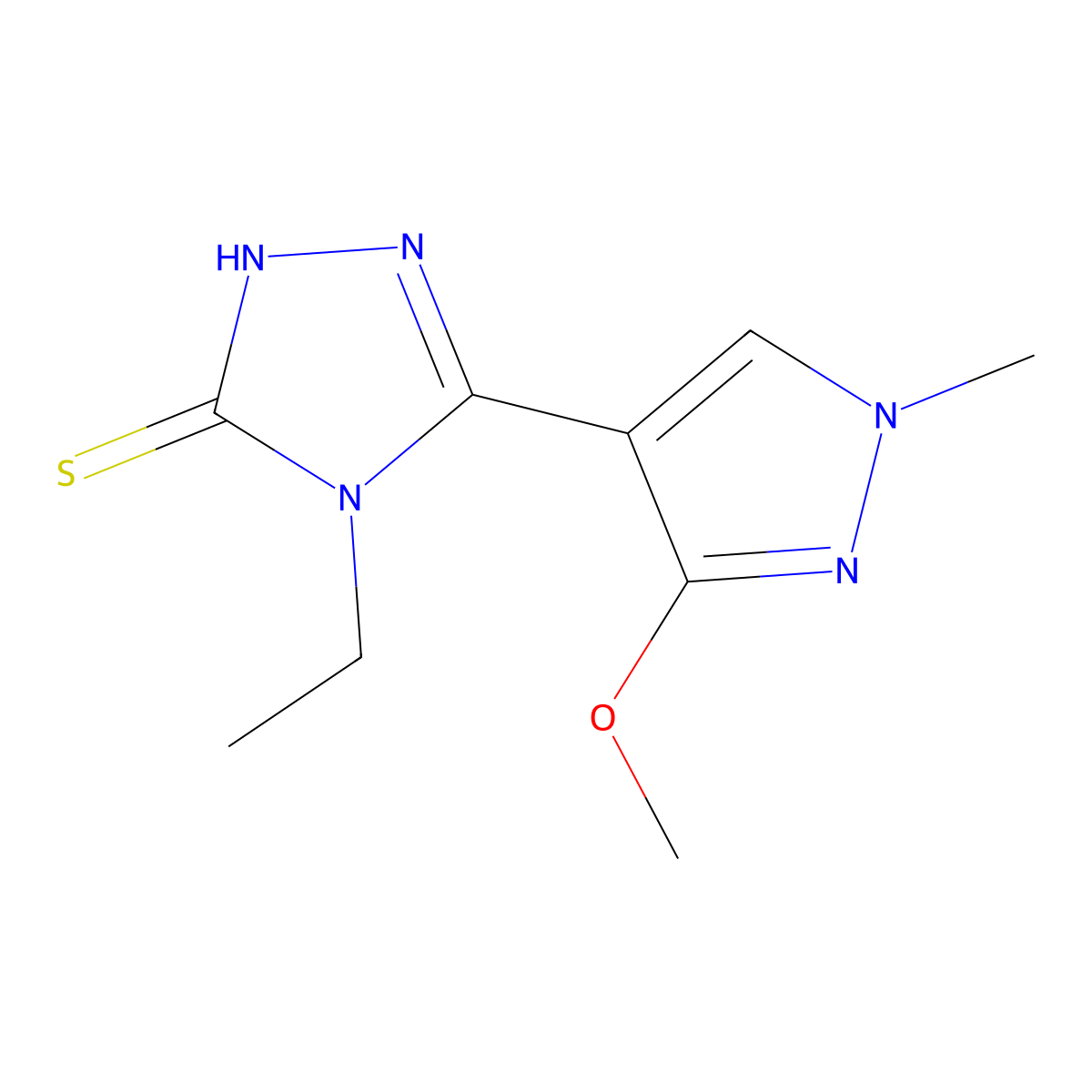 4-ethyl-5-(3-methoxy-1-methyl-1H-pyrazol-4-yl)-4H-1,2,4-triazole-3-thiol molecular structure, CAS 1171425-71-0