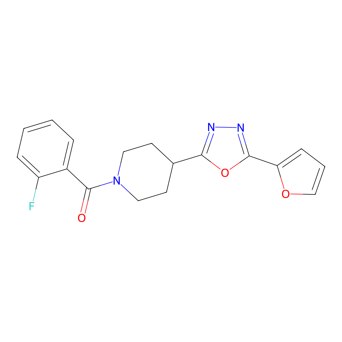 (2-Fluorophenyl)(4-(5-(furan-2-yl)-1,3,4-oxadiazol-2-yl)piperidin-1-yl)methanone molecular structure, CAS 1171426-45-1