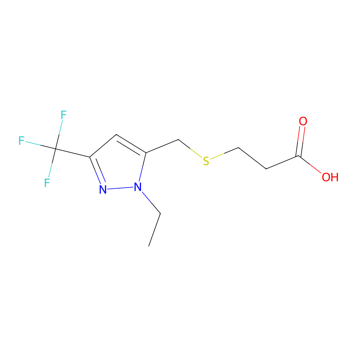 3-(((1-Ethyl-3-(trifluoromethyl)-1H-pyrazol-5-yl)methyl)thio)propanoic acid molecular structure, CAS 1171428-58-2