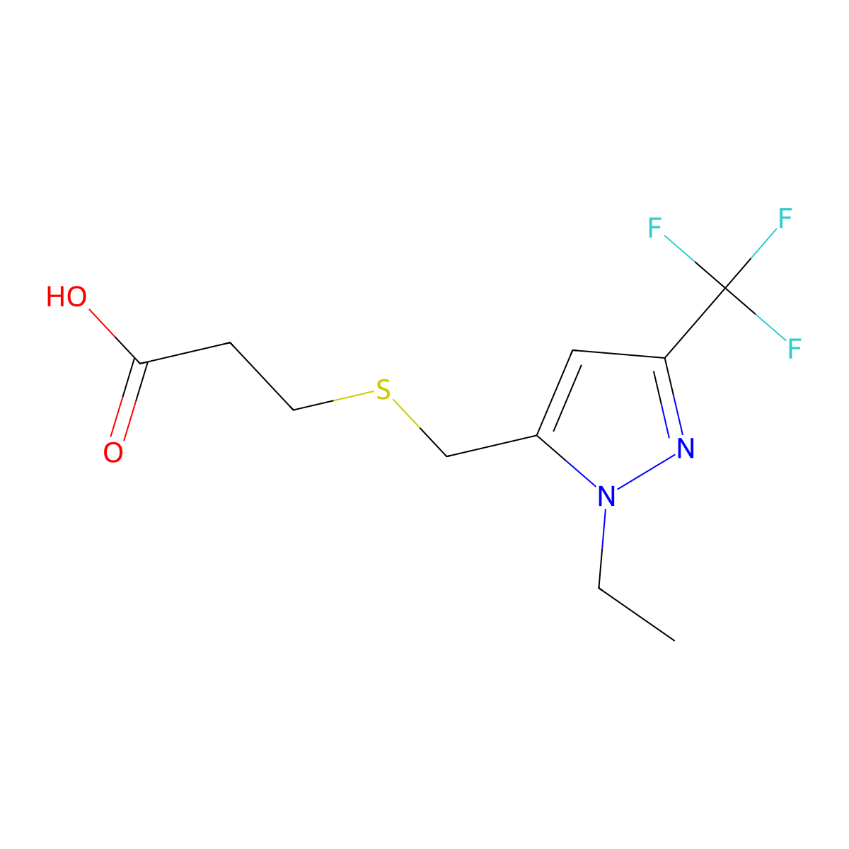 3-(((1-Ethyl-3-(trifluoromethyl)-1H-pyrazol-5-yl)methyl)thio)propanoic acid molecular structure, CAS 1171428-58-2