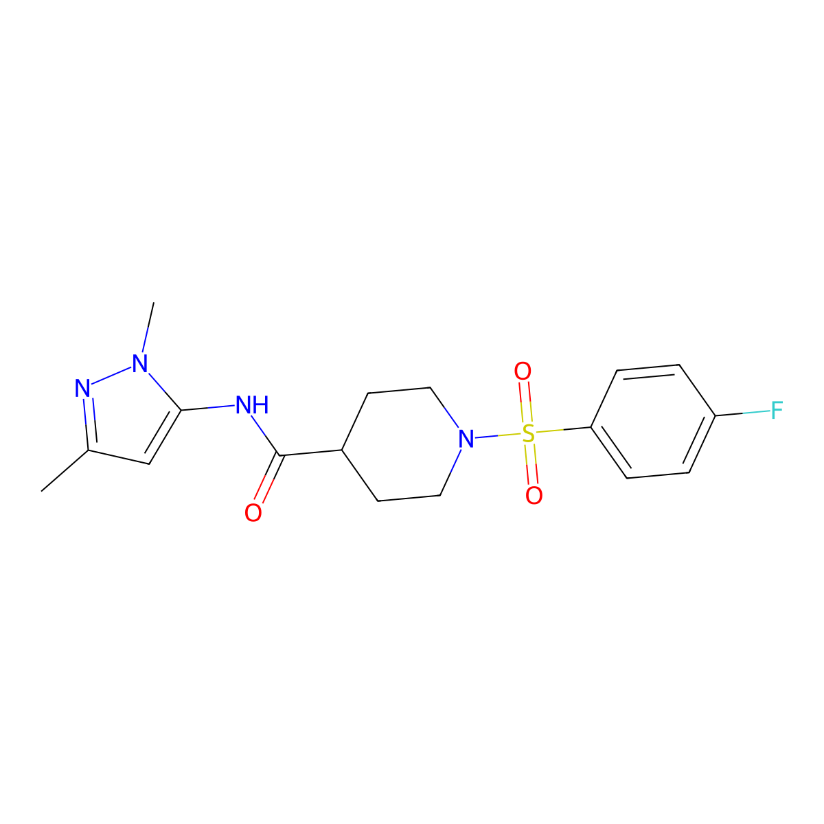 N-(1,3-dimethyl-1H-pyrazol-5-yl)-1-(4-fluorobenzenesulfonyl)piperidine-4-carboxamide molecular structure, CAS 1171428-64-0