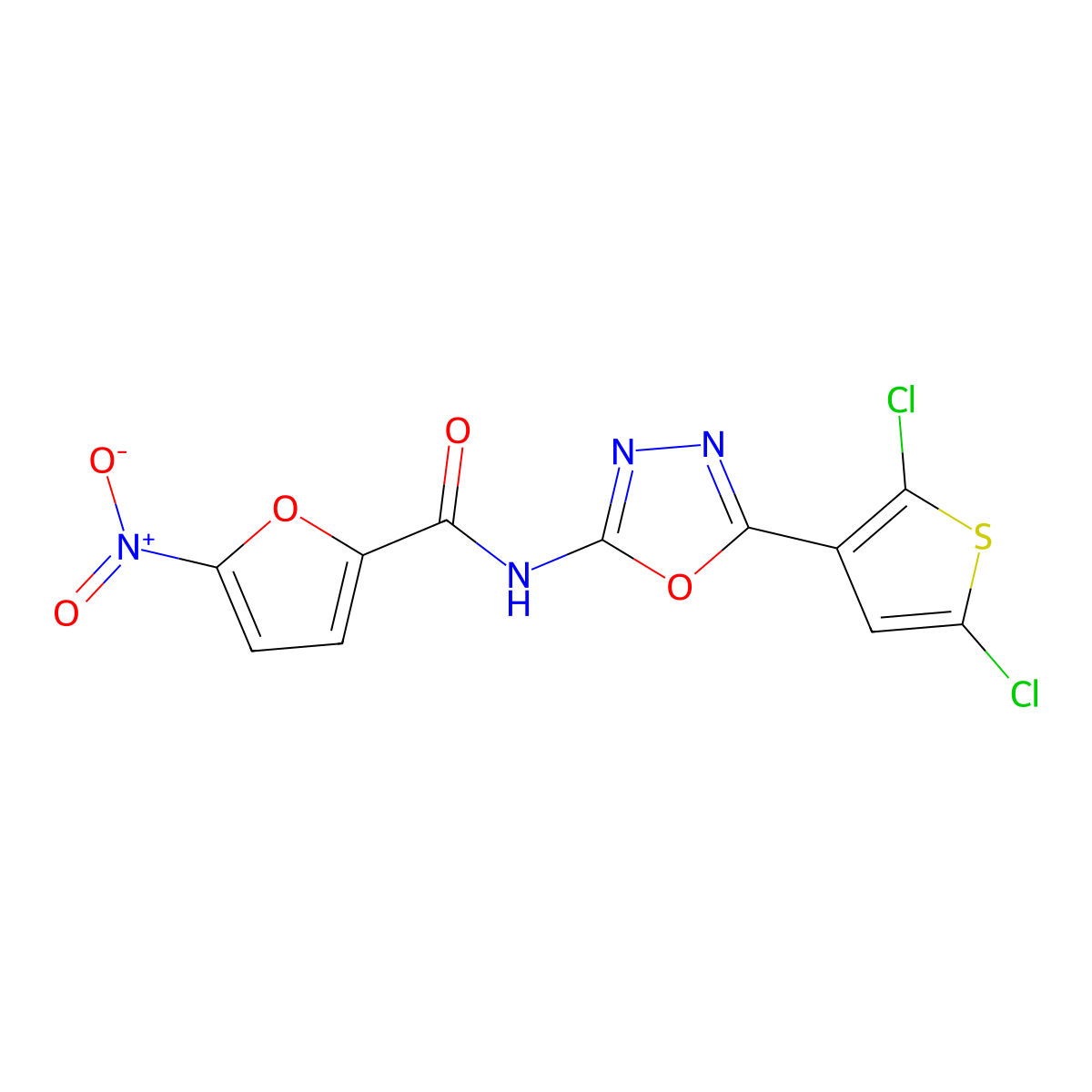 N-[5-(2,5-dichlorothiophen-3-yl)-1,3,4-oxadiazol-2-yl]-5-nitrofuran-2-carboxamide molecular structure, CAS 1171430-24-2