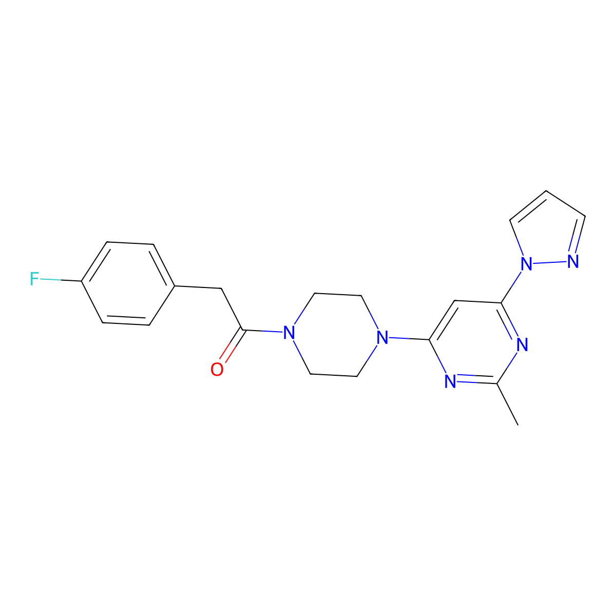 2-(4-fluorophenyl)-1-(4-(2-methyl-6-(1H-pyrazol-1-yl)pyrimidin-4-yl)piperazin-1-yl)ethanone molecular structure, CAS 1171431-81-4