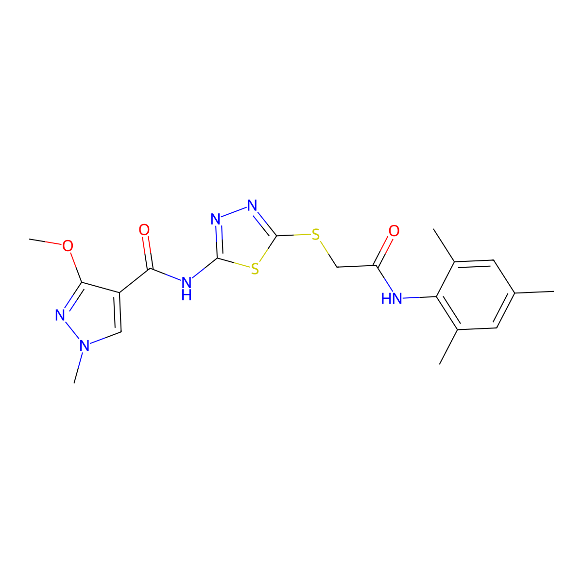 N-(5-((2-(mesitylamino)-2-oxoethyl)thio)-1,3,4-thiadiazol-2-yl)-3-methoxy-1-methyl-1H-pyrazole-4-carboxamide molecular structure, CAS 1171434-50-6