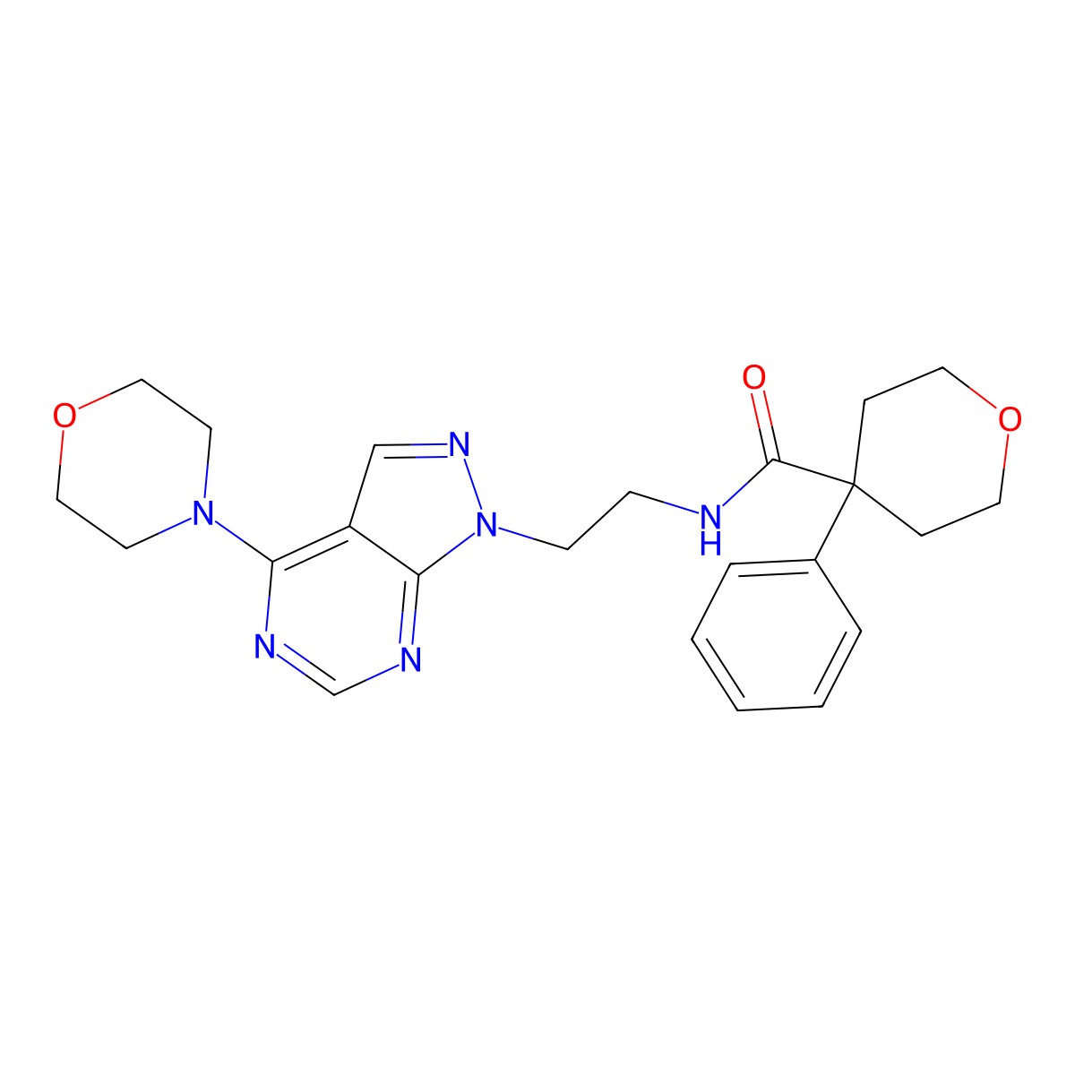 N-(2-(4-morpholino-1H-pyrazolo[3,4-d]pyrimidin-1-yl)ethyl)-4-phenyltetrahydro-2H-pyran-4-carboxamide molecular structure, CAS 1171435-89-4