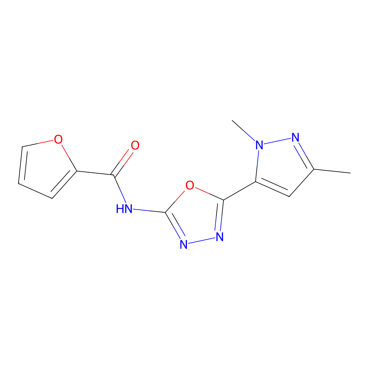N-[5-(1,3-dimethyl-1H-pyrazol-5-yl)-1,3,4-oxadiazol-2-yl]furan-2-carboxamide molecular structure, CAS 1171437-35-6