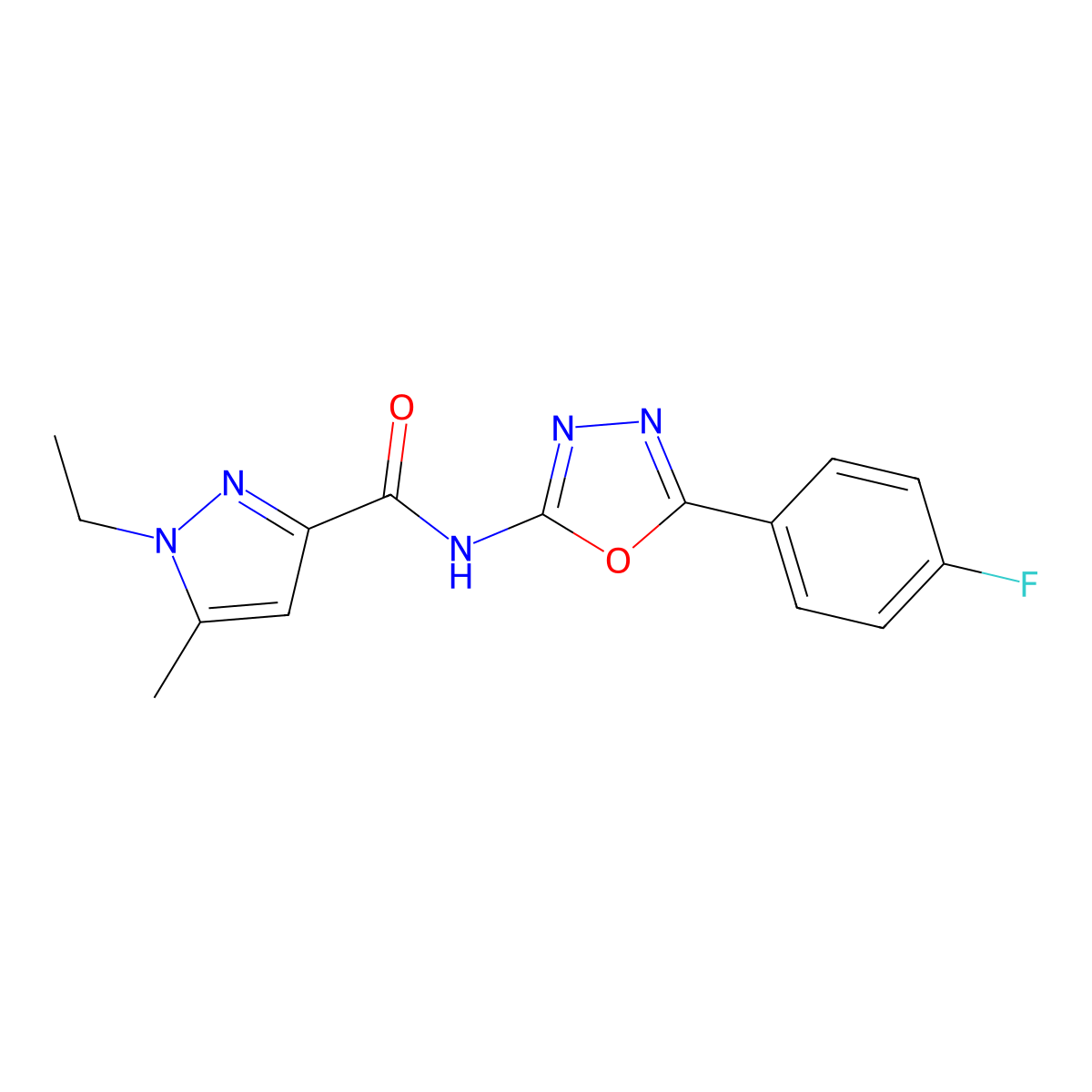 1-ethyl-N-[5-(4-fluorophenyl)-1,3,4-oxadiazol-2-yl]-5-methyl-1H-pyrazole-3-carboxamide molecular structure, CAS 1171440-69-9