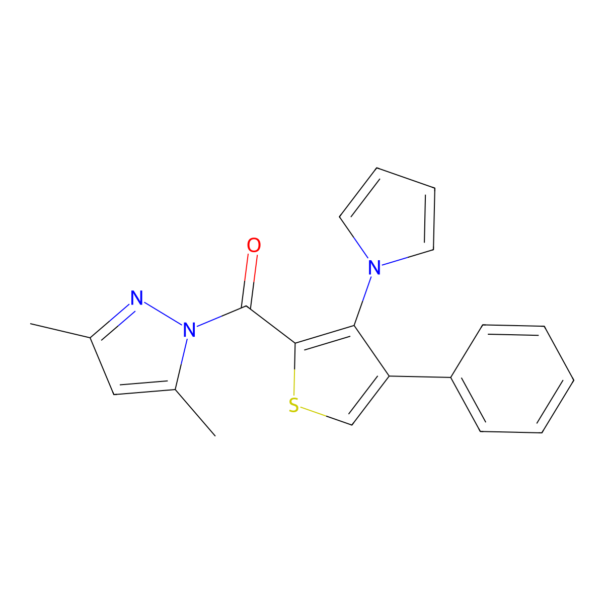 3,5-dimethyl-1-[4-phenyl-3-(1H-pyrrol-1-yl)thiophene-2-carbonyl]-1H-pyrazole molecular structure, CAS 1171442-22-0