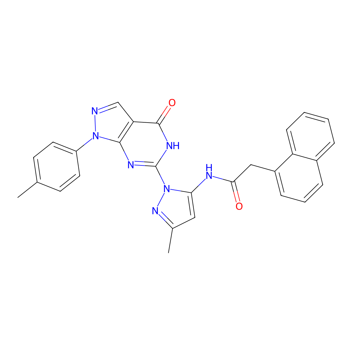 N-(3-methyl-1-(4-oxo-1-(p-tolyl)-4,5-dihydro-1H-pyrazolo[3,4-d]pyrimidin-6-yl)-1H-pyrazol-5-yl)-2-(naphthalen-1-yl)acetamide molecular structure, CAS 1171442-88-8