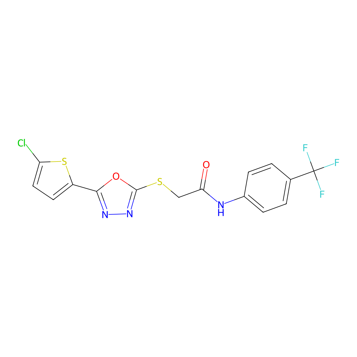2-((5-(5-chlorothiophen-2-yl)-1,3,4-oxadiazol-2-yl)thio)-N-(4-(trifluoromethyl)phenyl)acetamide molecular structure, CAS 1171443-96-1