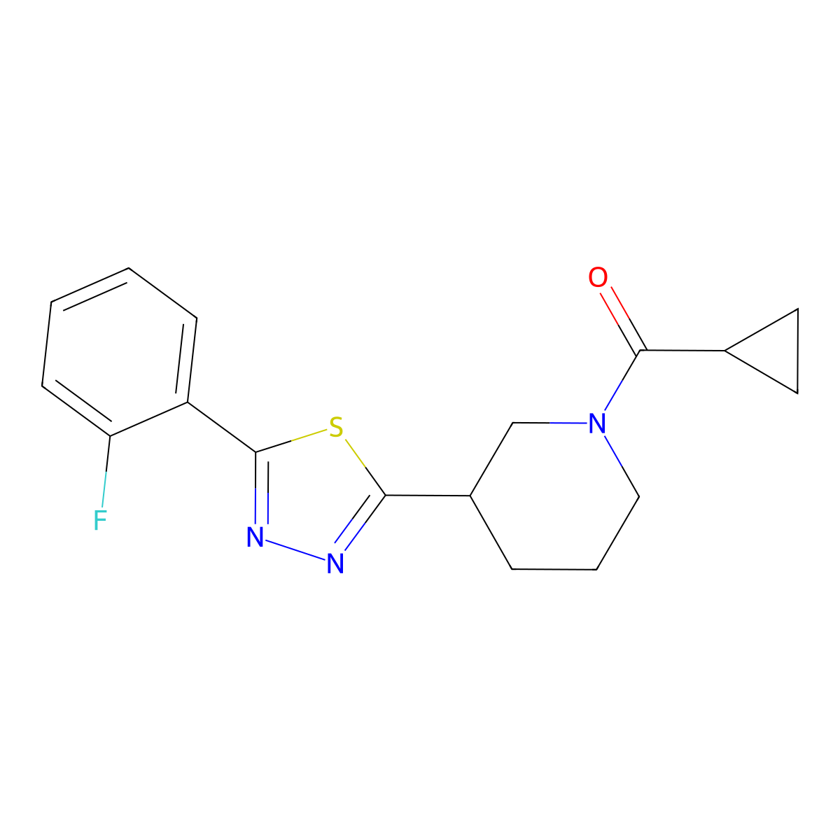 Cyclopropyl(3-(5-(2-fluorophenyl)-1,3,4-thiadiazol-2-yl)piperidin-1-yl)methanone molecular structure, CAS 1171447-75-8