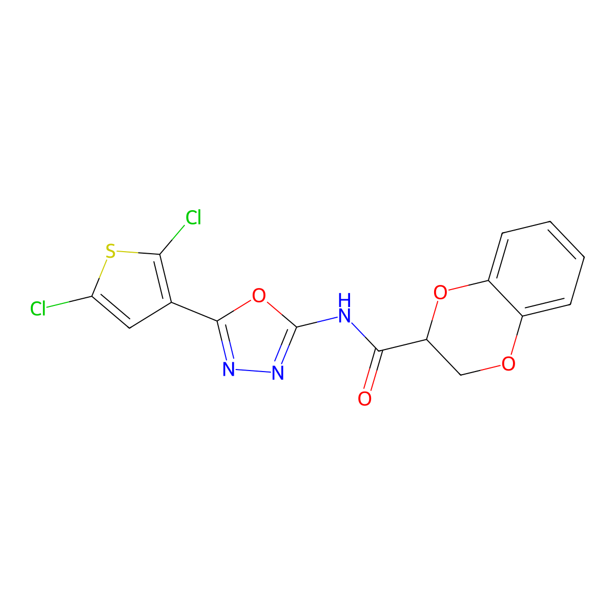 N-(5-(2,5-dichlorothiophen-3-yl)-1,3,4-oxadiazol-2-yl)-2,3-dihydrobenzo[b][1,4]dioxine-2-carboxamide molecular structure, CAS 1171450-03-5