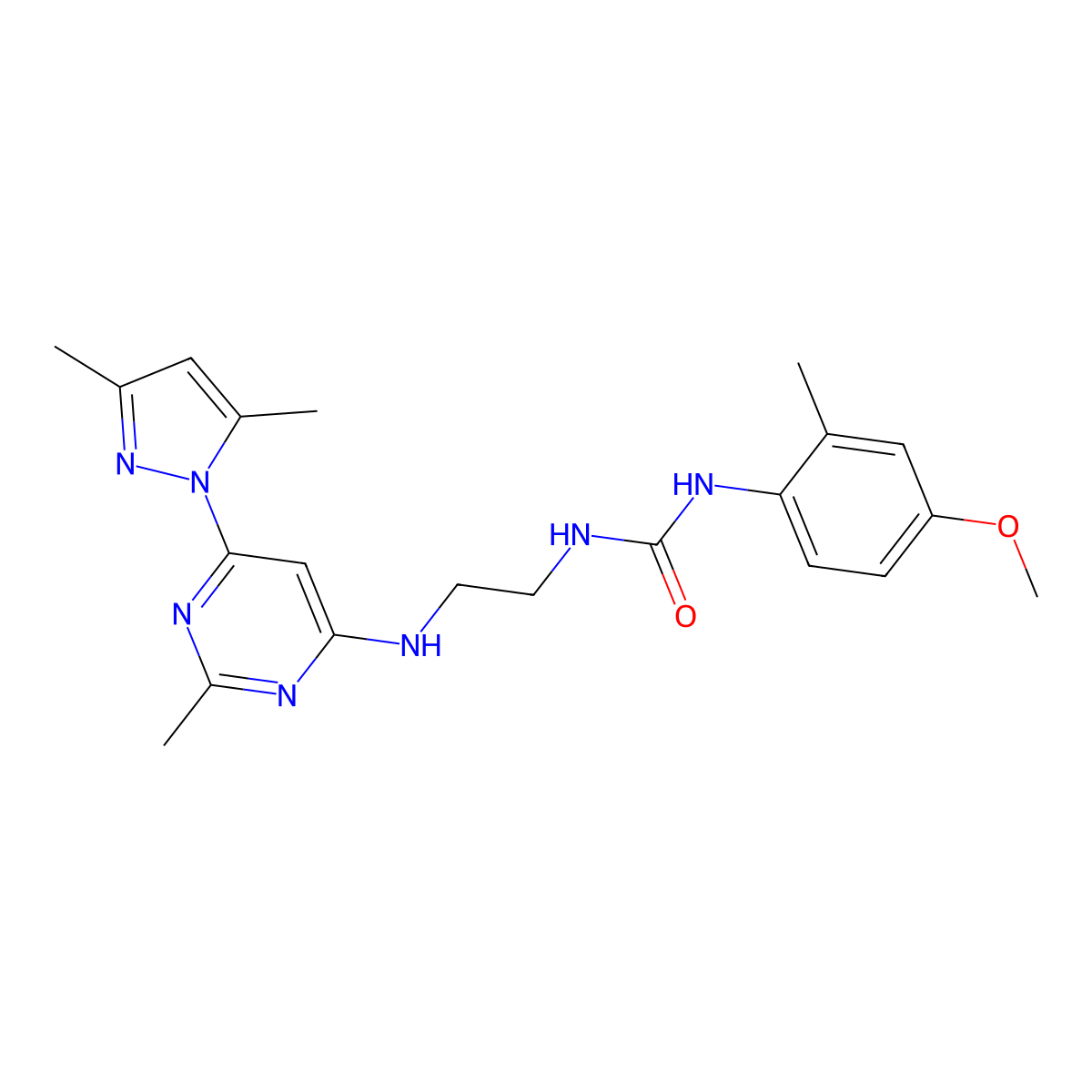 1-(2-((6-(3,5-dimethyl-1H-pyrazol-1-yl)-2-methylpyrimidin-4-yl)amino)ethyl)-3-(4-methoxy-2-methylphenyl)urea molecular structure, CAS 1171457-41-2