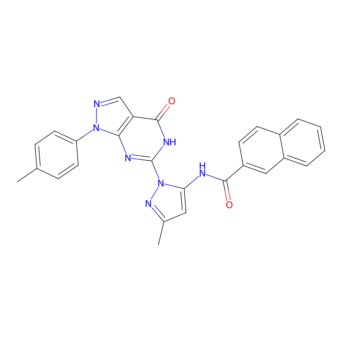 N-(3-methyl-1-(4-oxo-1-(p-tolyl)-4,5-dihydro-1H-pyrazolo[3,4-d]pyrimidin-6-yl)-1H-pyrazol-5-yl)-2-naphthamide molecular structure, CAS 1171457-88-7
