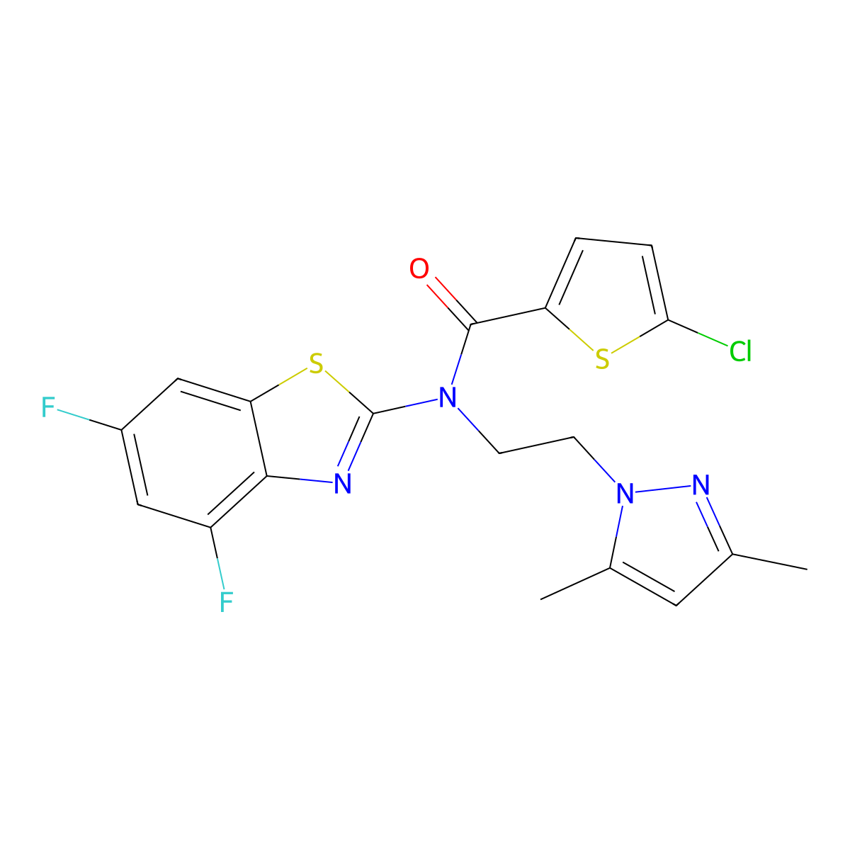 5-chloro-N-(4,6-difluorobenzo[d]thiazol-2-yl)-N-(2-(3,5-dimethyl-1H-pyrazol-1-yl)ethyl)thiophene-2-carboxamide molecular structure, CAS 1171458-26-6