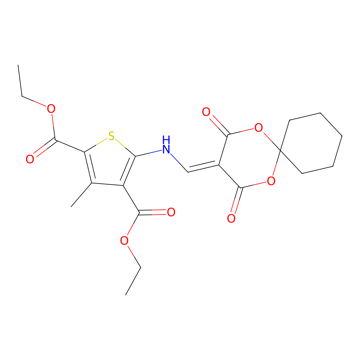 Diethyl 5-(((2,4-dioxo-1,5-dioxaspiro[5.5]undecan-3-ylidene)methyl)amino)-3-methylthiophene-2,4-dicarboxylate molecular structure, CAS 1171458-63-1