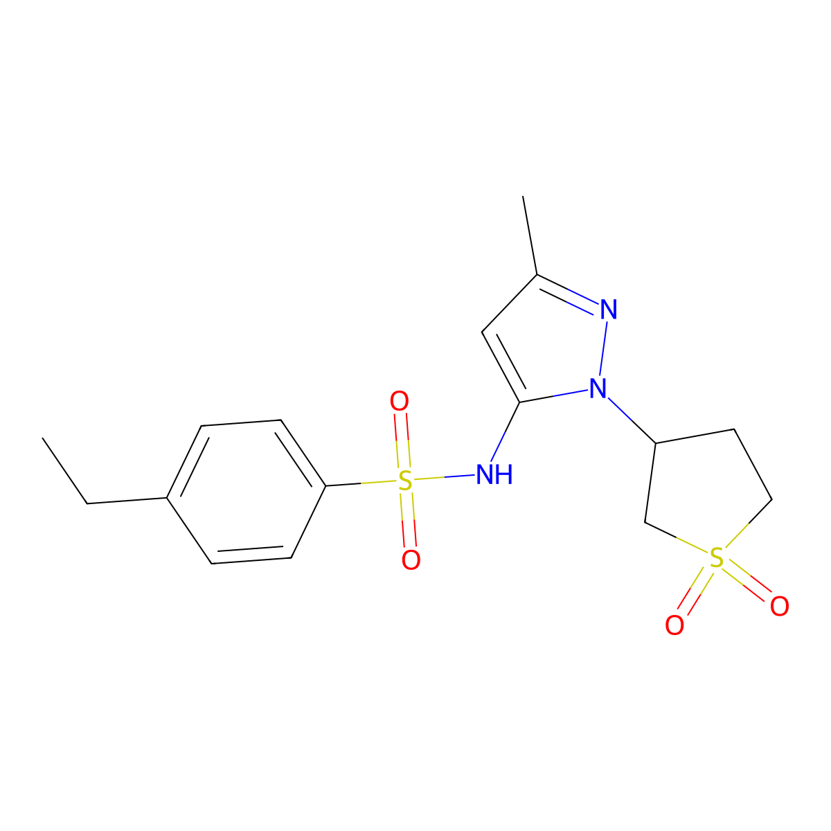 N-(1-(1,1-dioxidotetrahydrothiophen-3-yl)-3-methyl-1H-pyrazol-5-yl)-4-ethylbenzenesulfonamide molecular structure, CAS 1171460-42-6