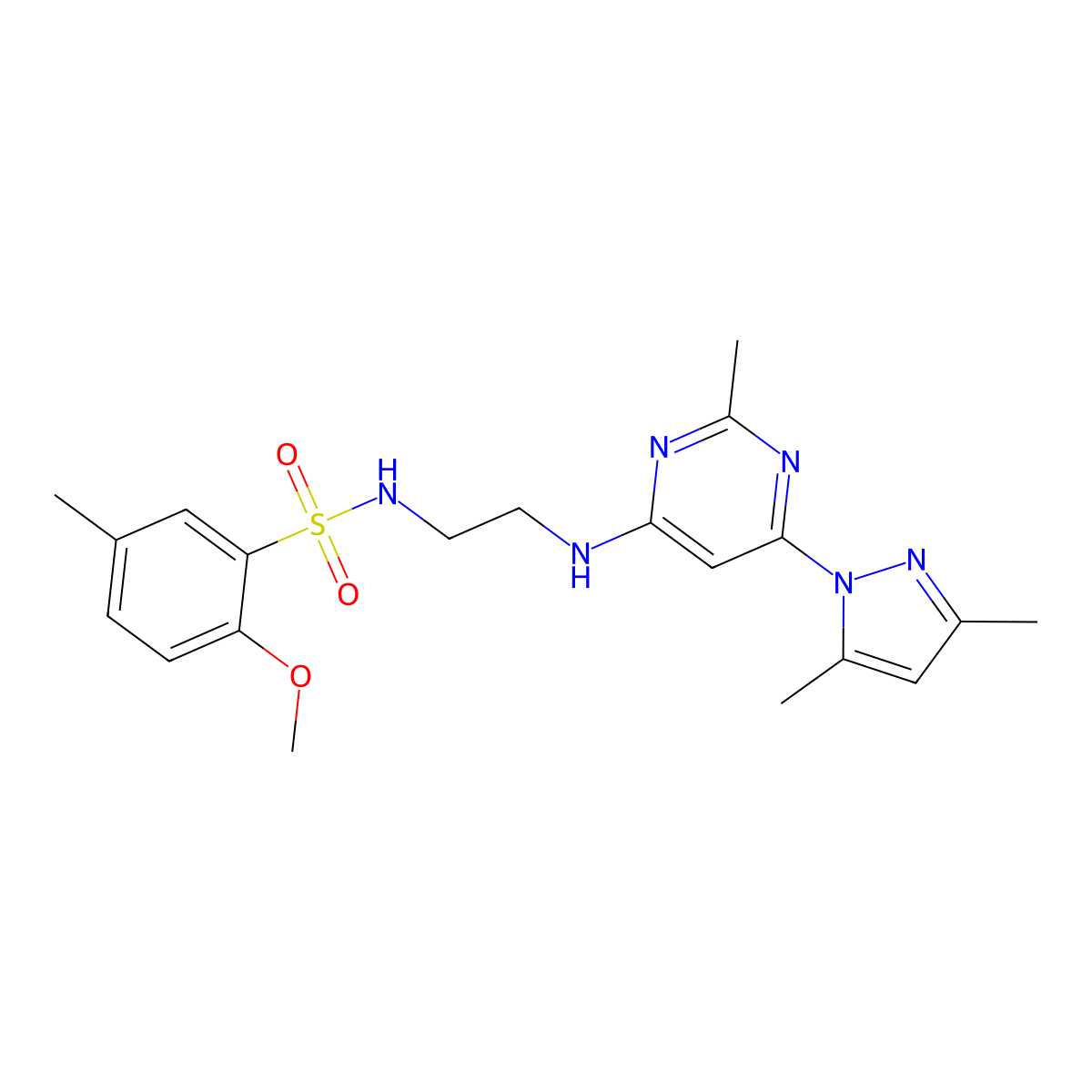 N-(2-((6-(3,5-dimethyl-1H-pyrazol-1-yl)-2-methylpyrimidin-4-yl)amino)ethyl)-2-methoxy-5-methylbenzenesulfonamide molecular structure, CAS 1171461-40-7