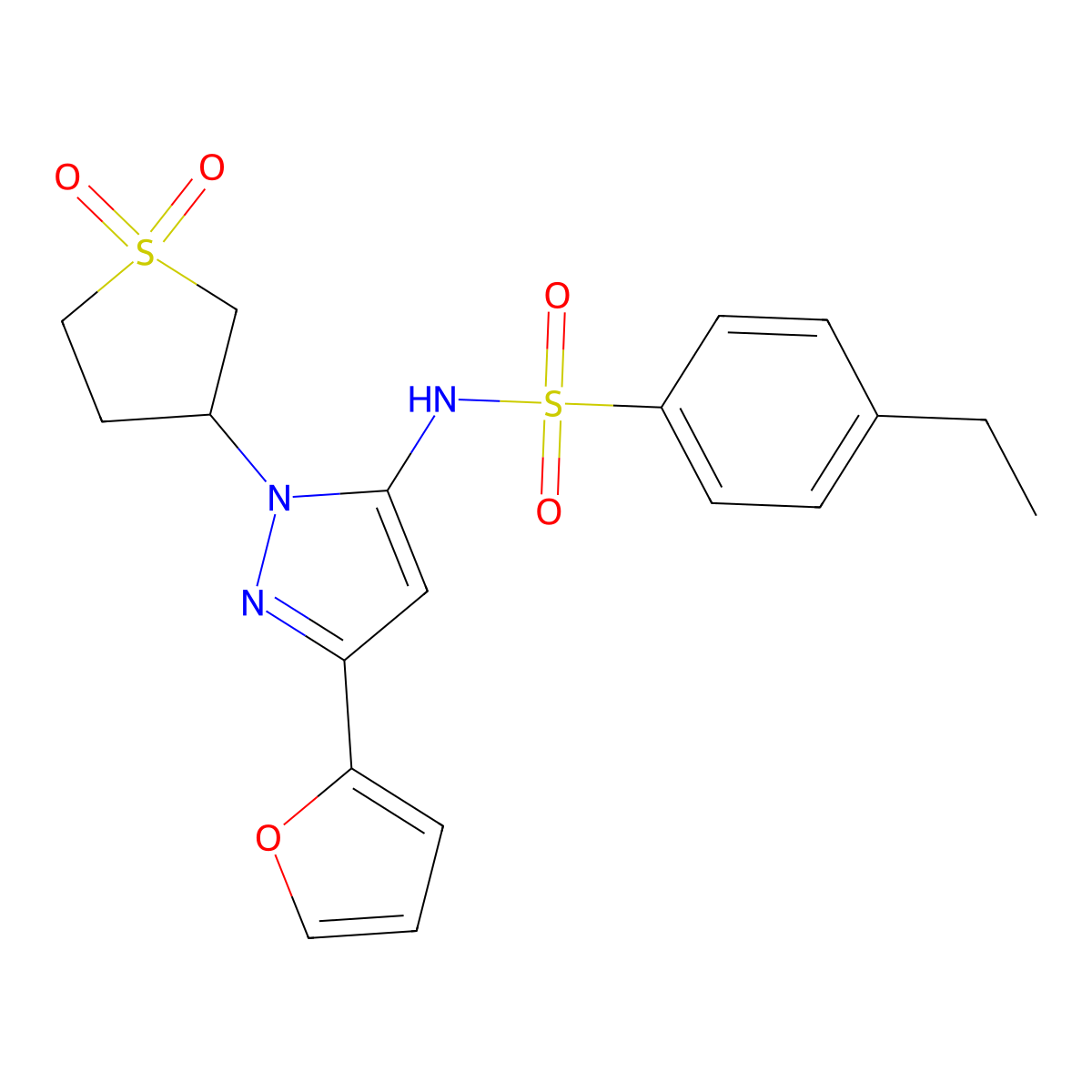 N-(1-(1,1-dioxidotetrahydrothiophen-3-yl)-3-(furan-2-yl)-1H-pyrazol-5-yl)-4-ethylbenzenesulfonamide molecular structure, CAS 1171464-01-9