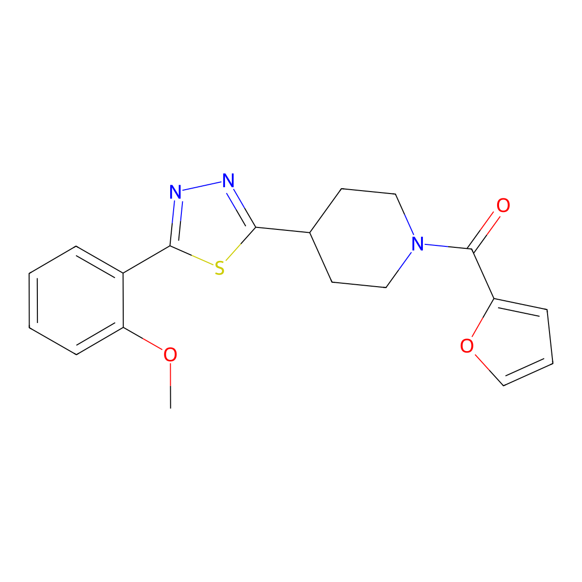 Furan-2-yl(4-(5-(2-methoxyphenyl)-1,3,4-thiadiazol-2-yl)piperidin-1-yl)methanone molecular structure, CAS 1171464-33-7