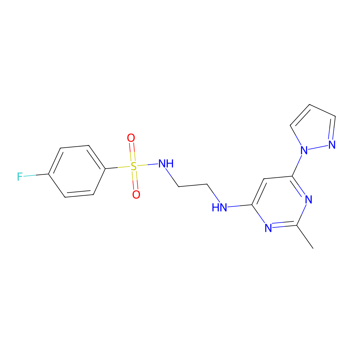 4-fluoro-N-(2-((2-methyl-6-(1H-pyrazol-1-yl)pyrimidin-4-yl)amino)ethyl)benzenesulfonamide molecular structure, CAS 1171464-60-0