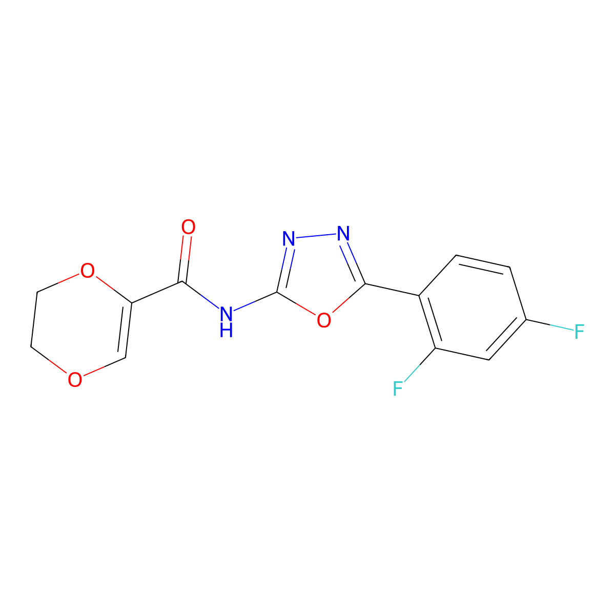 N-(5-(2,4-difluorophenyl)-1,3,4-oxadiazol-2-yl)-5,6-dihydro-1,4-dioxine-2-carboxamide molecular structure, CAS 1171466-09-3