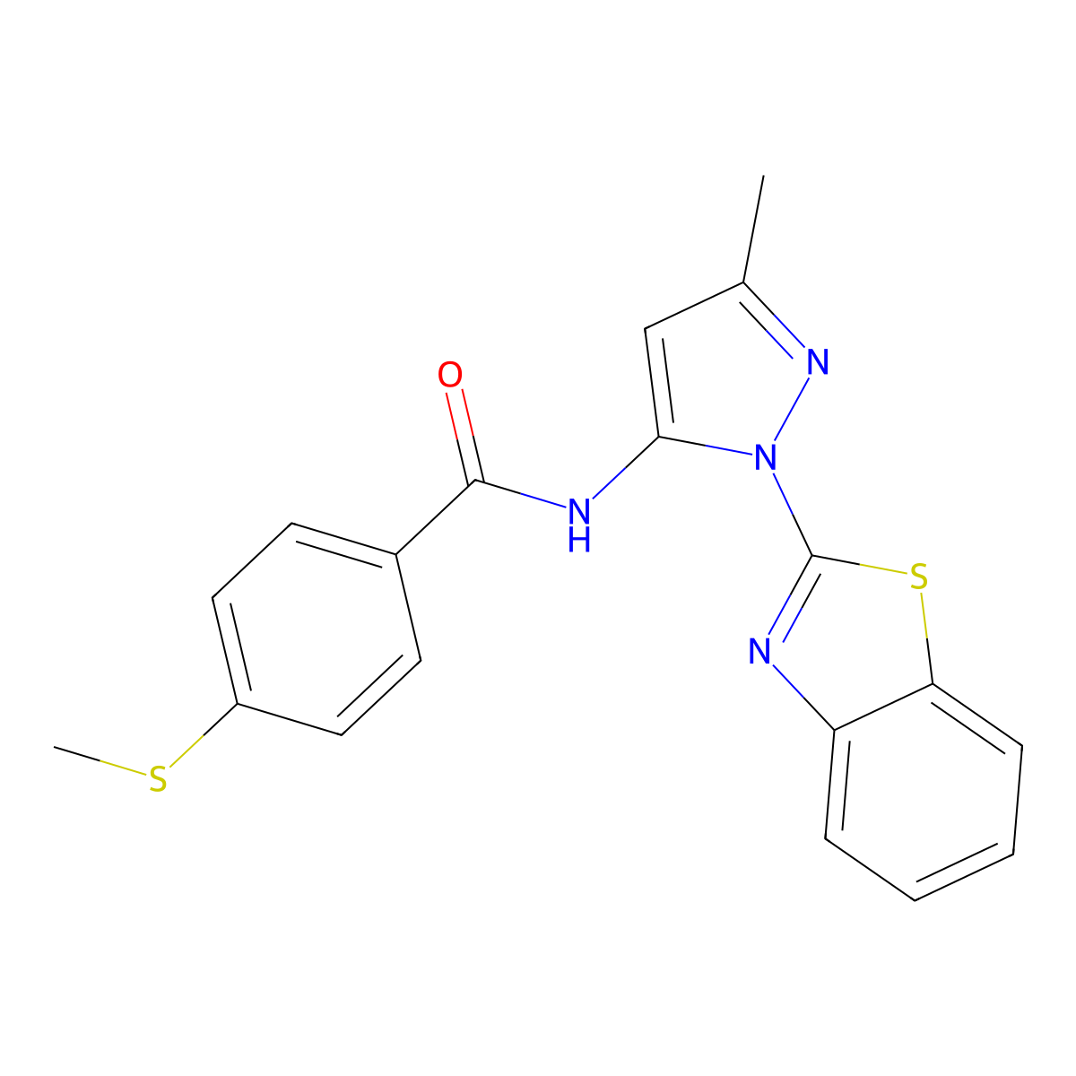 N-(1-(benzo[d]thiazol-2-yl)-3-methyl-1H-pyrazol-5-yl)-4-(methylthio)benzamide molecular structure, CAS 1171467-37-0