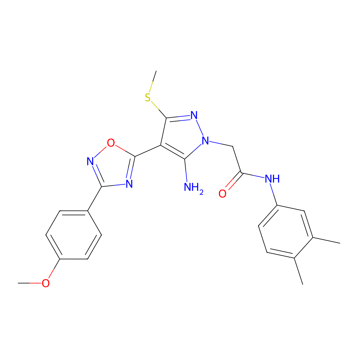 2-{5-amino-4-[3-(4-methoxyphenyl)-1,2,4-oxadiazol-5-yl]-3-(methylsulfanyl)-1H-pyrazol-1-yl}-N-(3,4-dimethylphenyl)acetamide molecular structure, CAS 1171469-19-4