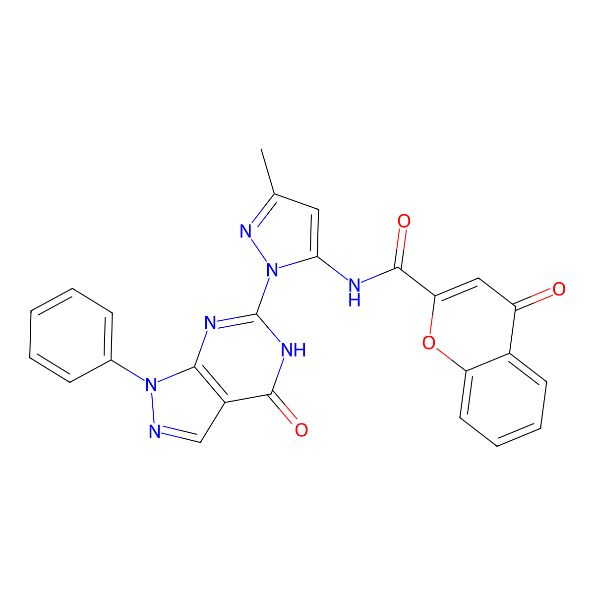 N-(3-methyl-1-(4-oxo-1-phenyl-4,5-dihydro-1H-pyrazolo[3,4-d]pyrimidin-6-yl)-1H-pyrazol-5-yl)-4-oxo-4H-chromene-2-carboxamide molecular structure, CAS 1171471-72-9