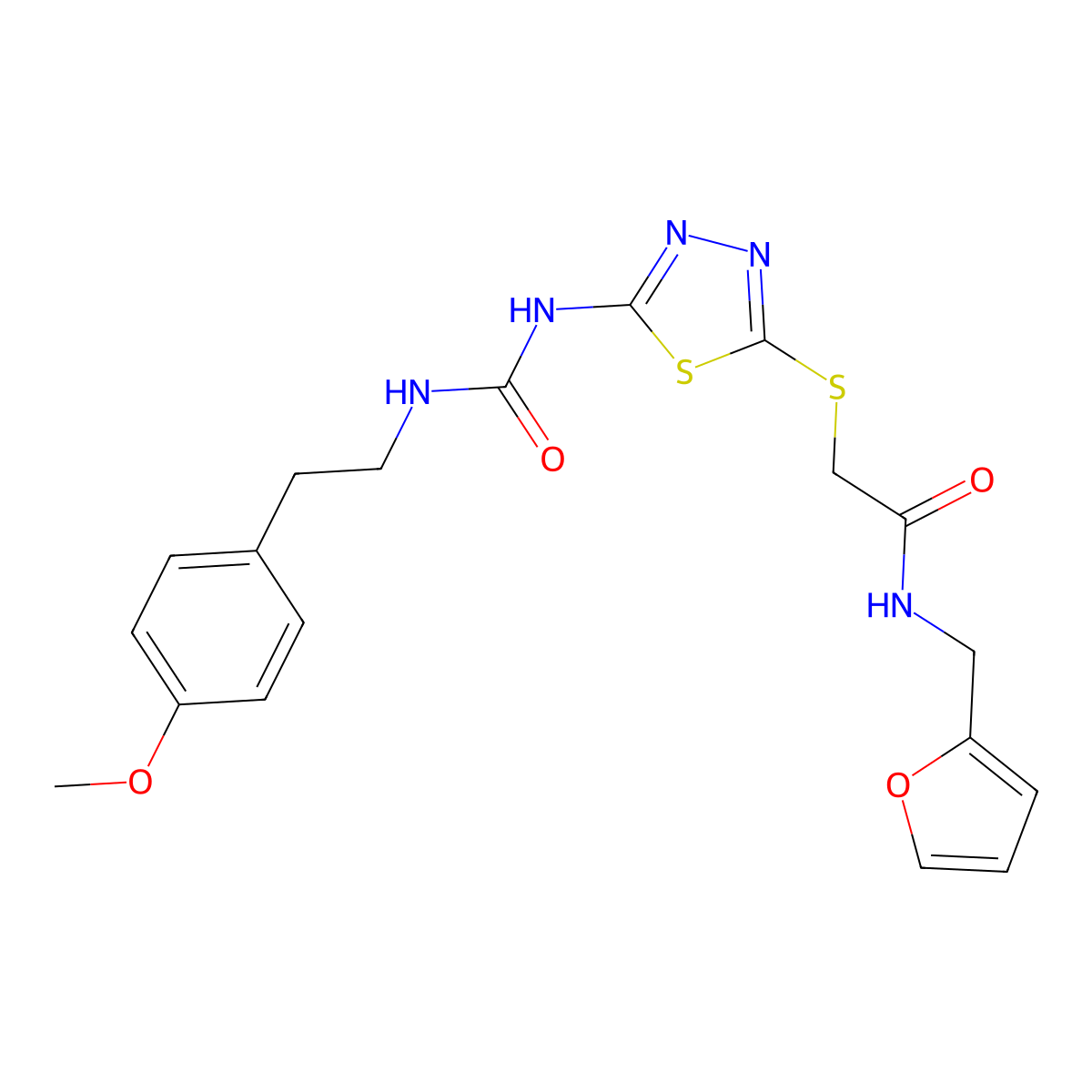 N-(furan-2-ylmethyl)-2-((5-(3-(4-methoxyphenethyl)ureido)-1,3,4-thiadiazol-2-yl)thio)acetamide molecular structure, CAS 1171474-32-0