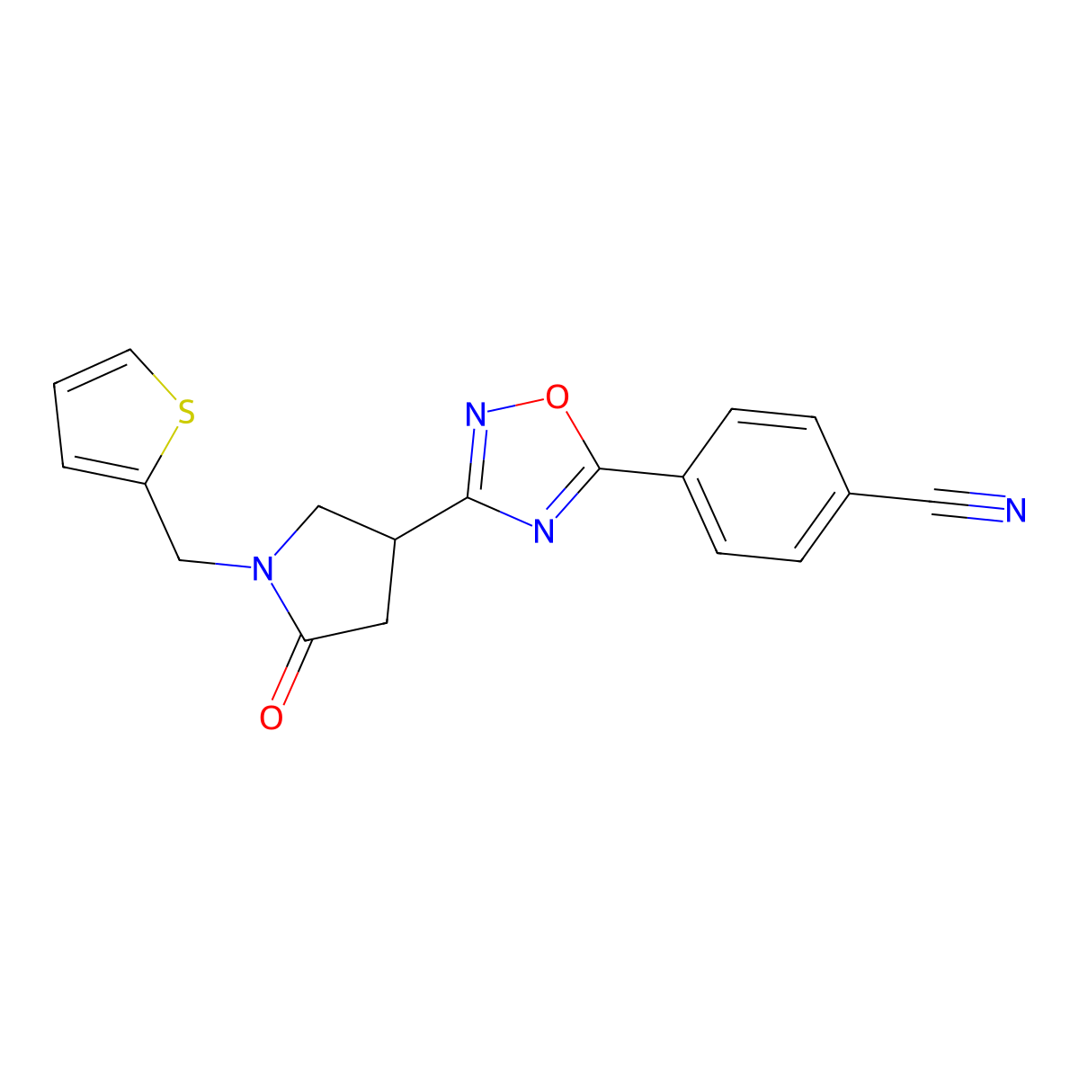 4-(3-(5-Oxo-1-(thiophen-2-ylmethyl)pyrrolidin-3-yl)-1,2,4-oxadiazol-5-yl)benzonitrile molecular structure, CAS 1171476-02-0