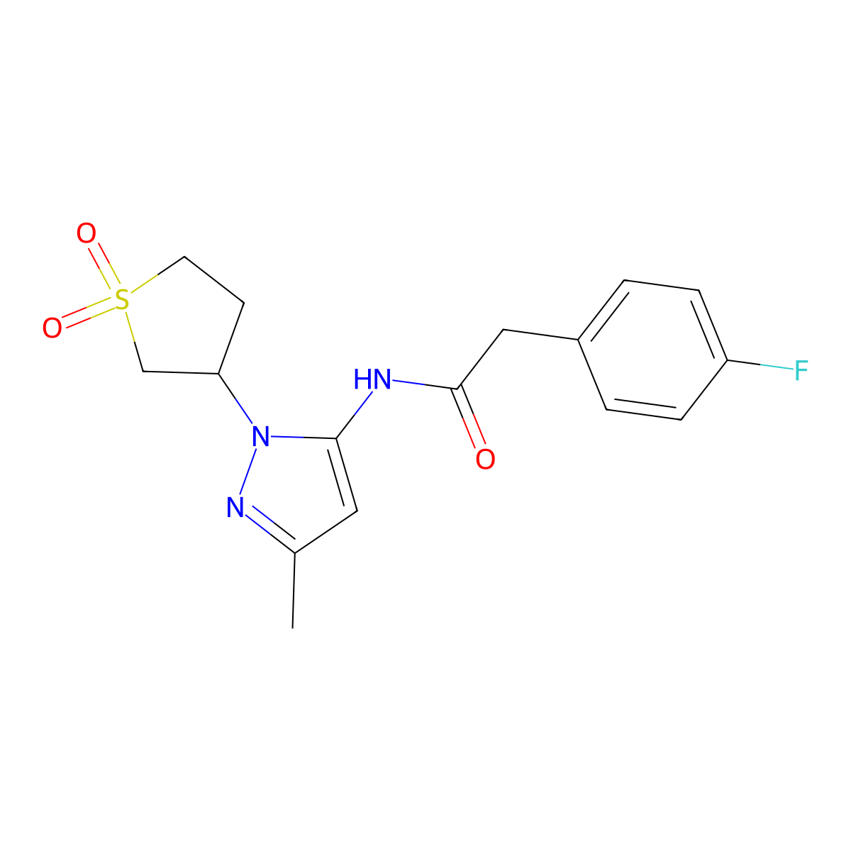 N-(1-(1,1-dioxidotetrahydrothiophen-3-yl)-3-methyl-1H-pyrazol-5-yl)-2-(4-fluorophenyl)acetamide molecular structure, CAS 1171477-88-5