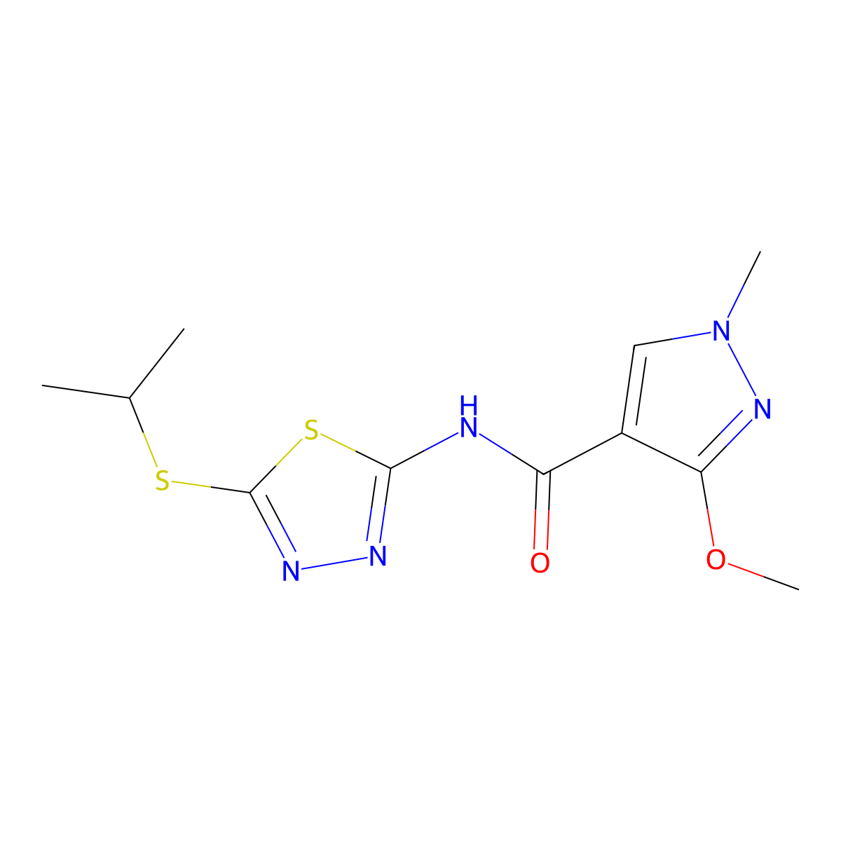 N-(5-(isopropylthio)-1,3,4-thiadiazol-2-yl)-3-methoxy-1-methyl-1H-pyrazole-4-carboxamide molecular structure, CAS 1171479-27-8