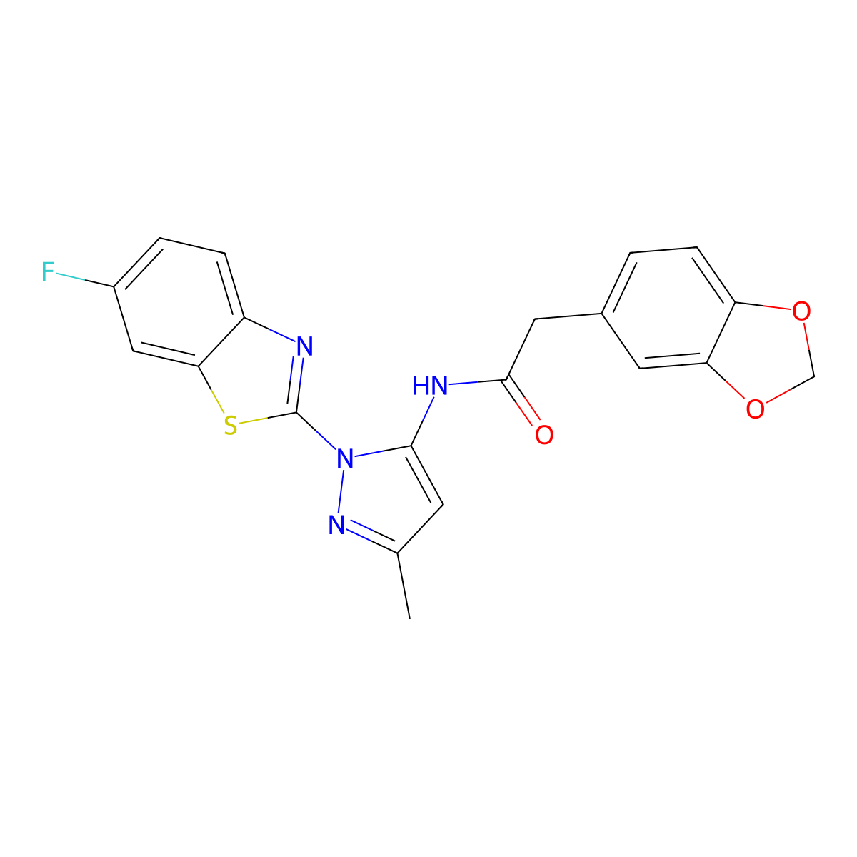 2-(benzo[d][1,3]dioxol-5-yl)-N-(1-(6-fluorobenzo[d]thiazol-2-yl)-3-methyl-1H-pyrazol-5-yl)acetamide molecular structure, CAS 1171479-38-1