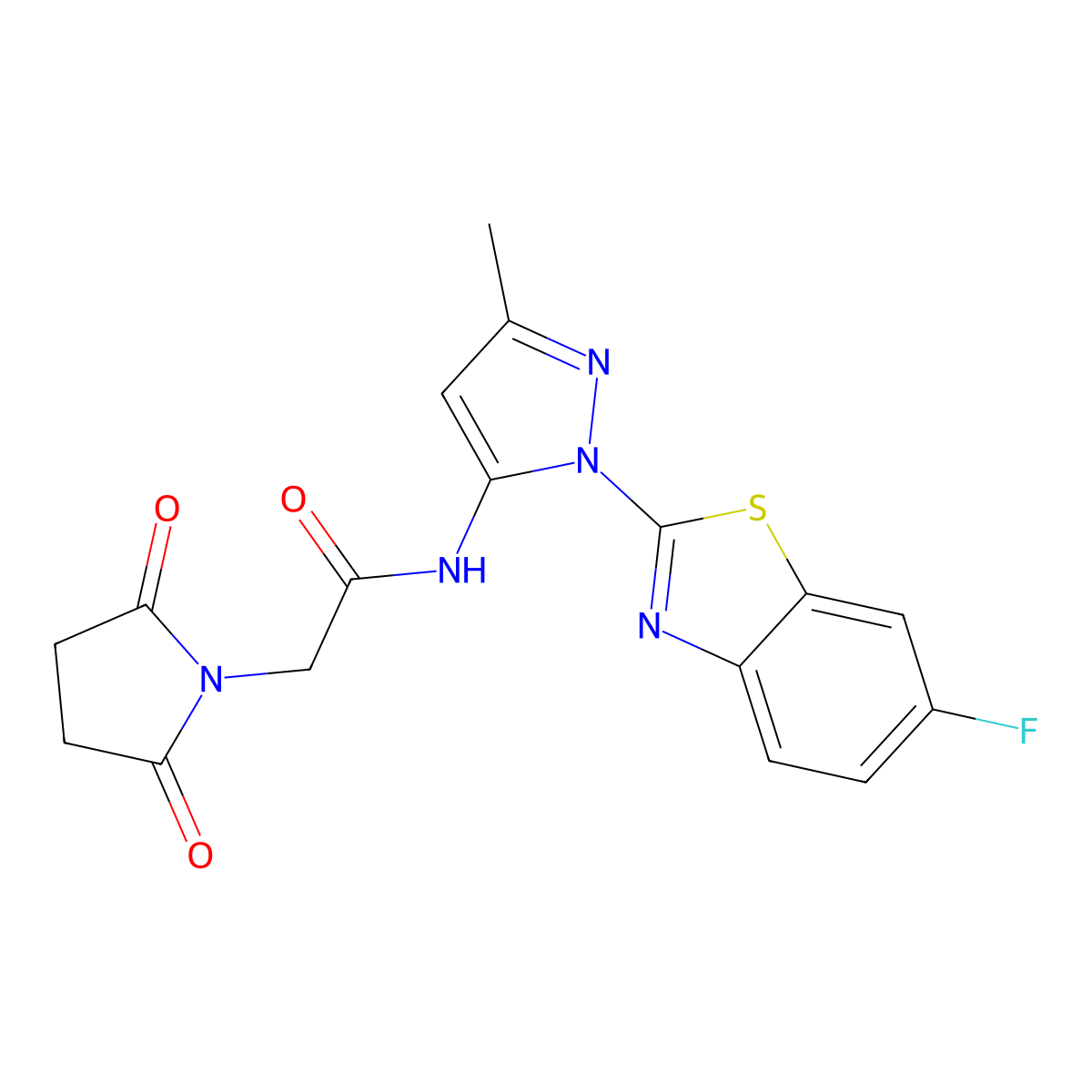 2-(2,5-dioxopyrrolidin-1-yl)-N-(1-(6-fluorobenzo[d]thiazol-2-yl)-3-methyl-1H-pyrazol-5-yl)acetamide molecular structure, CAS 1171479-94-9