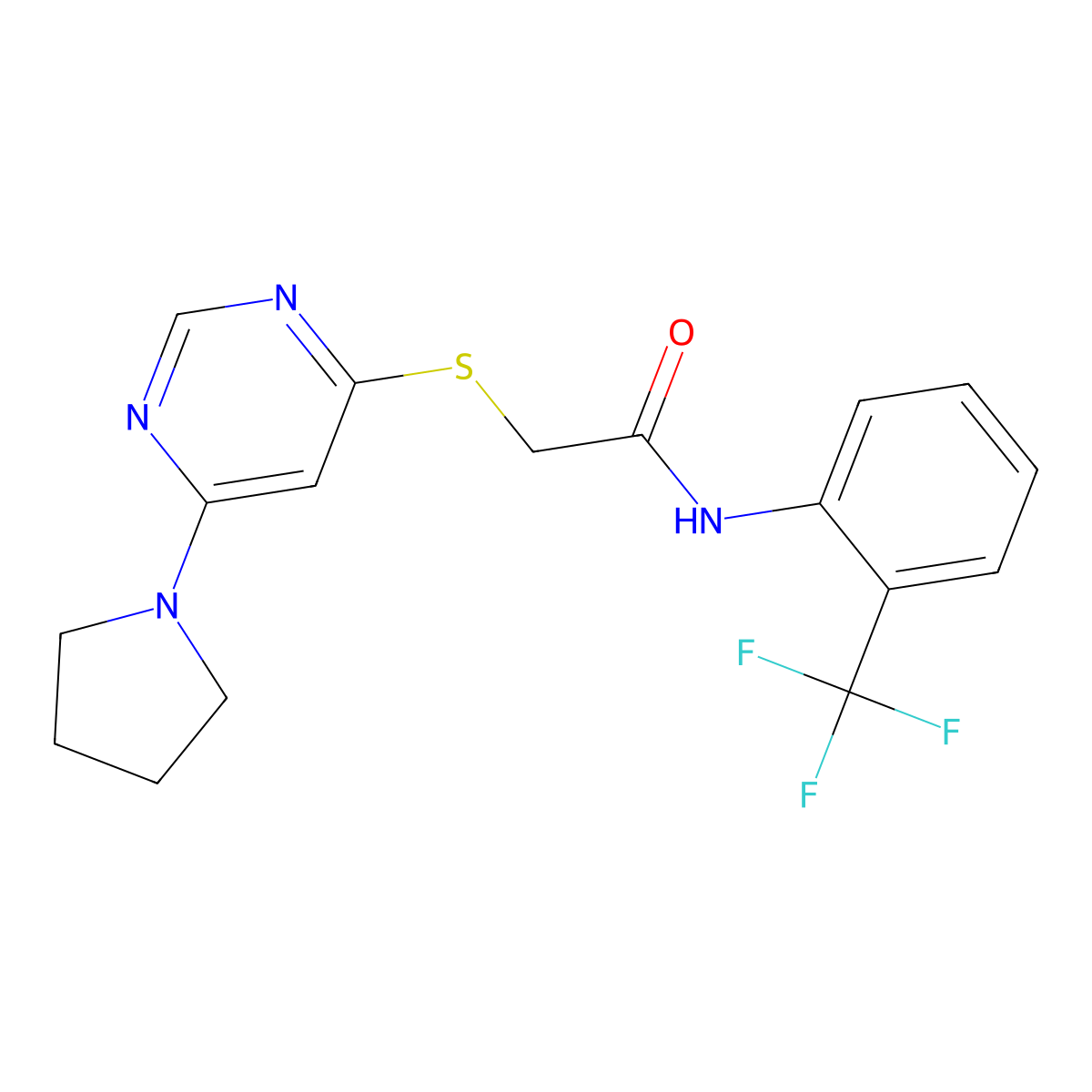 2-((6-(pyrrolidin-1-yl)pyrimidin-4-yl)thio)-N-(2-(trifluoromethyl)phenyl)acetamide molecular structure, CAS 1171480-55-9