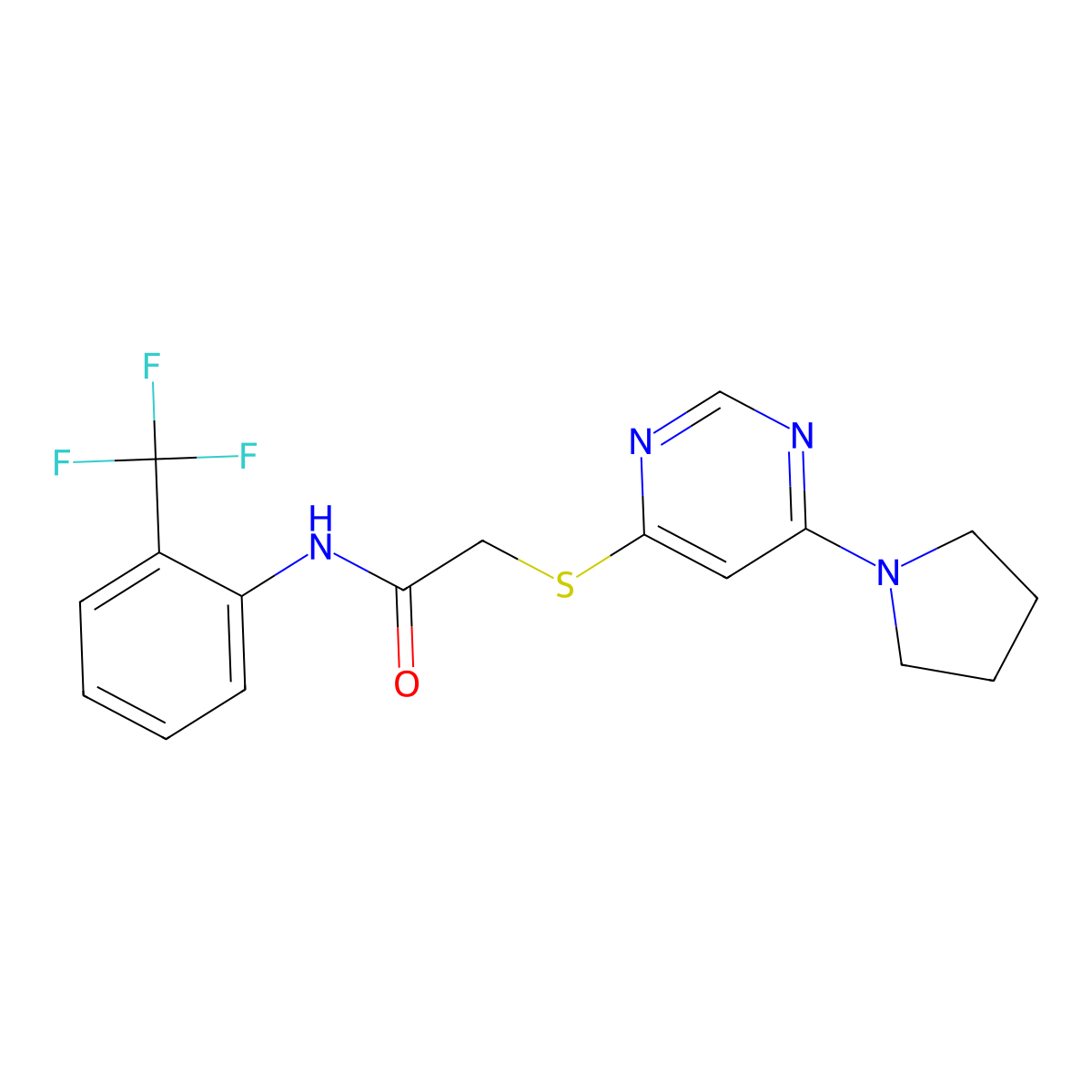 2-((6-(pyrrolidin-1-yl)pyrimidin-4-yl)thio)-N-(2-(trifluoromethyl)phenyl)acetamide molecular structure, CAS 1171480-55-9