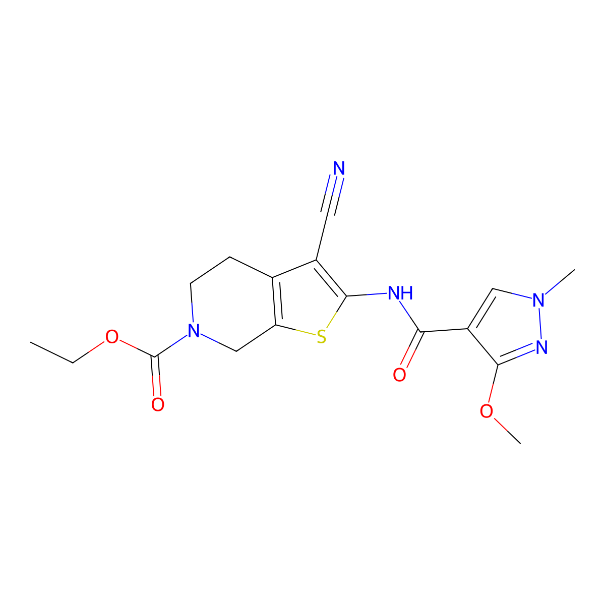ethyl 3-cyano-2-(3-methoxy-1-methyl-1H-pyrazole-4-carboxamido)-4,5-dihydrothieno[2,3-c]pyridine-6(7H)-carboxylate molecular structure, CAS 1171480-58-2