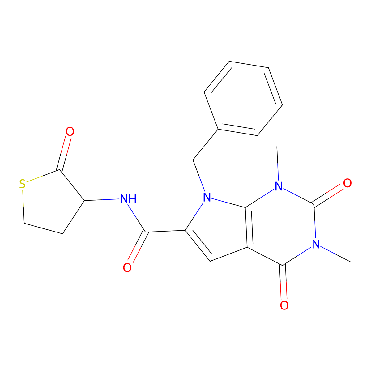 7-benzyl-1,3-dimethyl-2,4-dioxo-N-(2-oxotetrahydrothiophen-3-yl)-2,3,4,7-tetrahydro-1H-pyrrolo[2,3-d]pyrimidine-6-carboxamide molecular structure, CAS 1171480-89-9