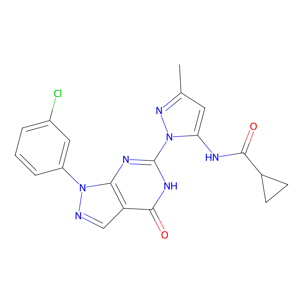 N-(1-(1-(3-chlorophenyl)-4-oxo-4,5-dihydro-1H-pyrazolo[3,4-d]pyrimidin-6-yl)-3-methyl-1H-pyrazol-5-yl)cyclopropanecarboxamide molecular structure, CAS 1171481-04-1