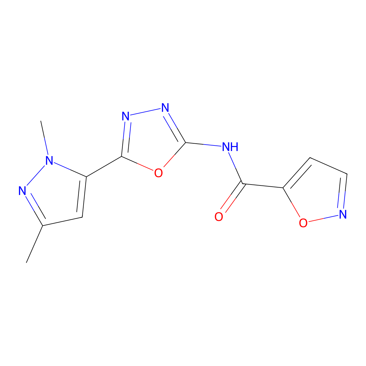 N-(5-(1,3-dimethyl-1H-pyrazol-5-yl)-1,3,4-oxadiazol-2-yl)isoxazole-5-carboxamide molecular structure, CAS 1171481-34-7