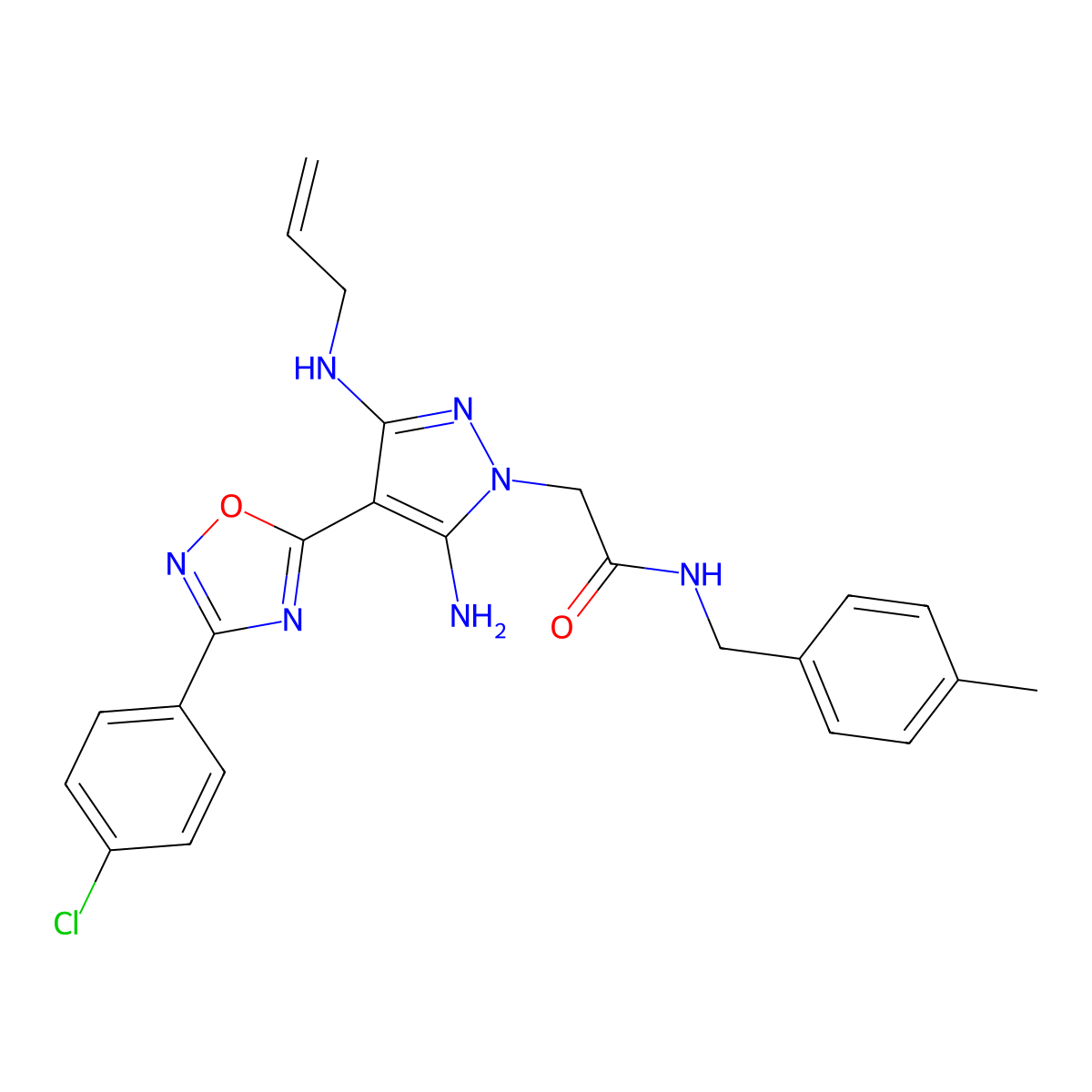 2-(3-(allylamino)-5-amino-4-(3-(4-chlorophenyl)-1,2,4-oxadiazol-5-yl)-1H-pyrazol-1-yl)-N-(4-methylbenzyl)acetamide molecular structure, CAS 1171483-11-6