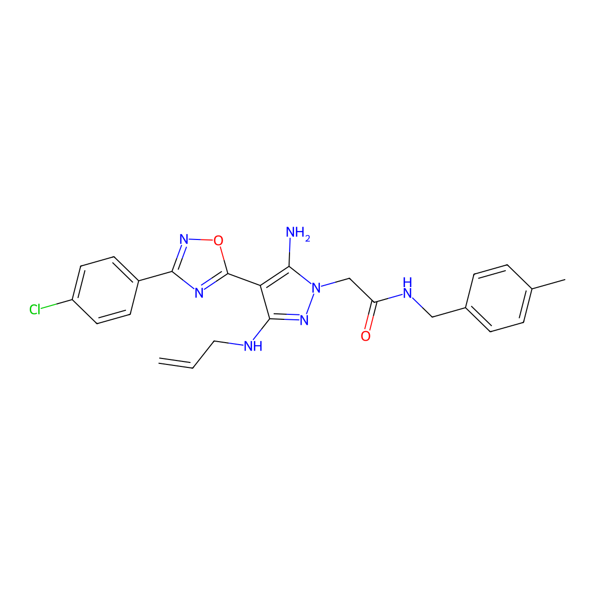 2-(3-(allylamino)-5-amino-4-(3-(4-chlorophenyl)-1,2,4-oxadiazol-5-yl)-1H-pyrazol-1-yl)-N-(4-methylbenzyl)acetamide molecular structure, CAS 1171483-11-6