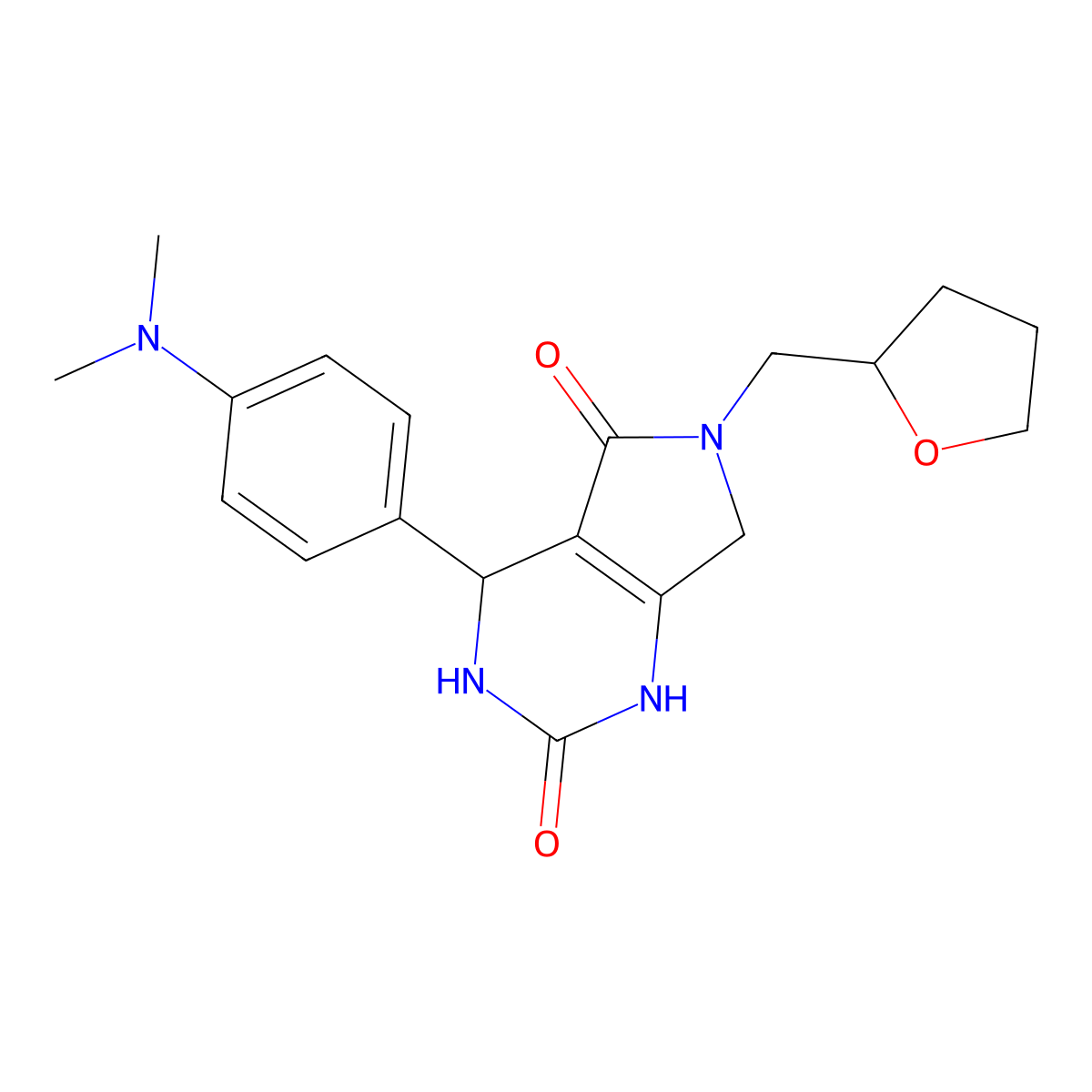 4-(4-(dimethylamino)phenyl)-6-((tetrahydrofuran-2-yl)methyl)-3,4,6,7-tetrahydro-1H-pyrrolo[3,4-d]pyrimidine-2,5-dione molecular structure, CAS 1171487-58-3