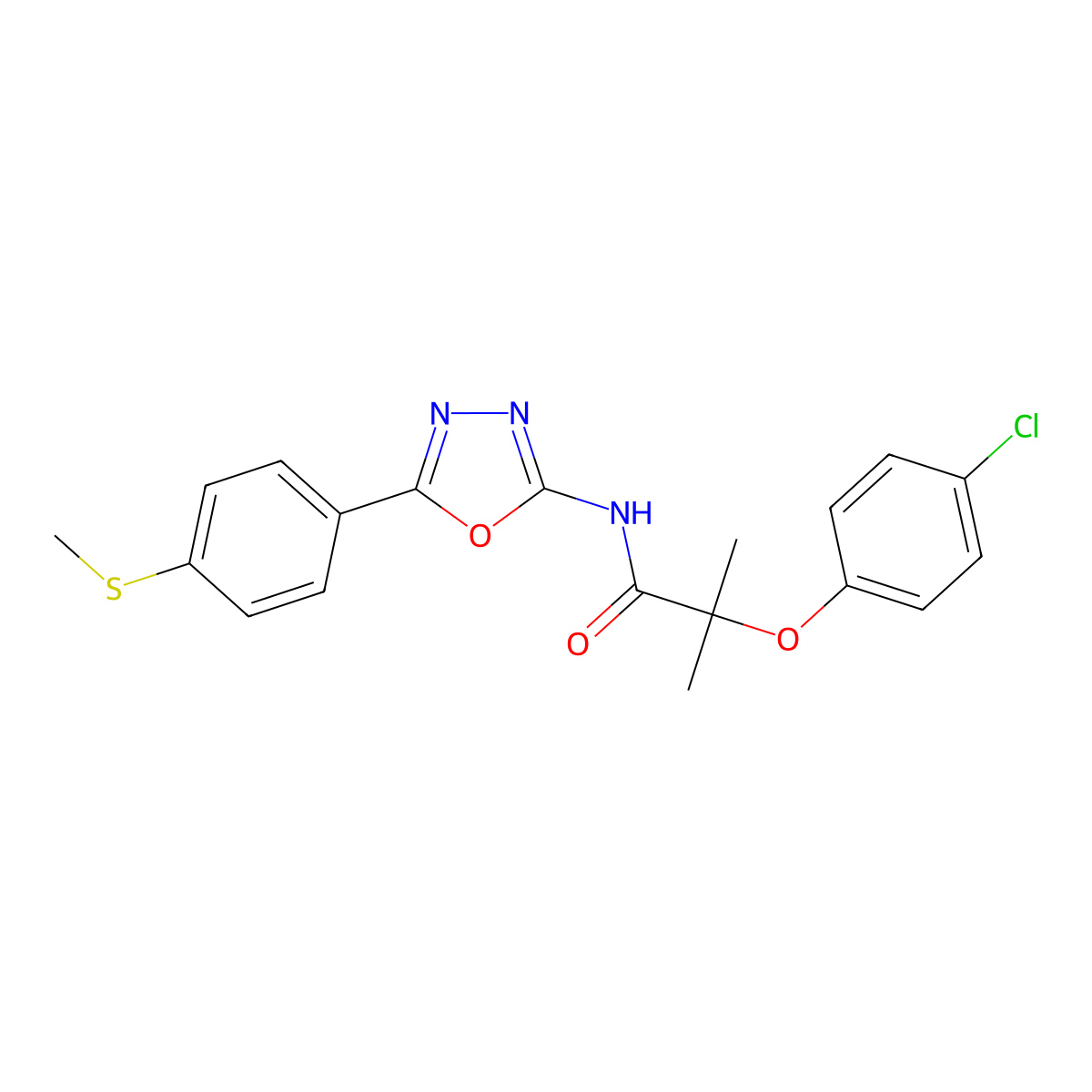 2-(4-chlorophenoxy)-2-methyl-N-(5-(4-(methylthio)phenyl)-1,3,4-oxadiazol-2-yl)propanamide molecular structure, CAS 1171491-26-1