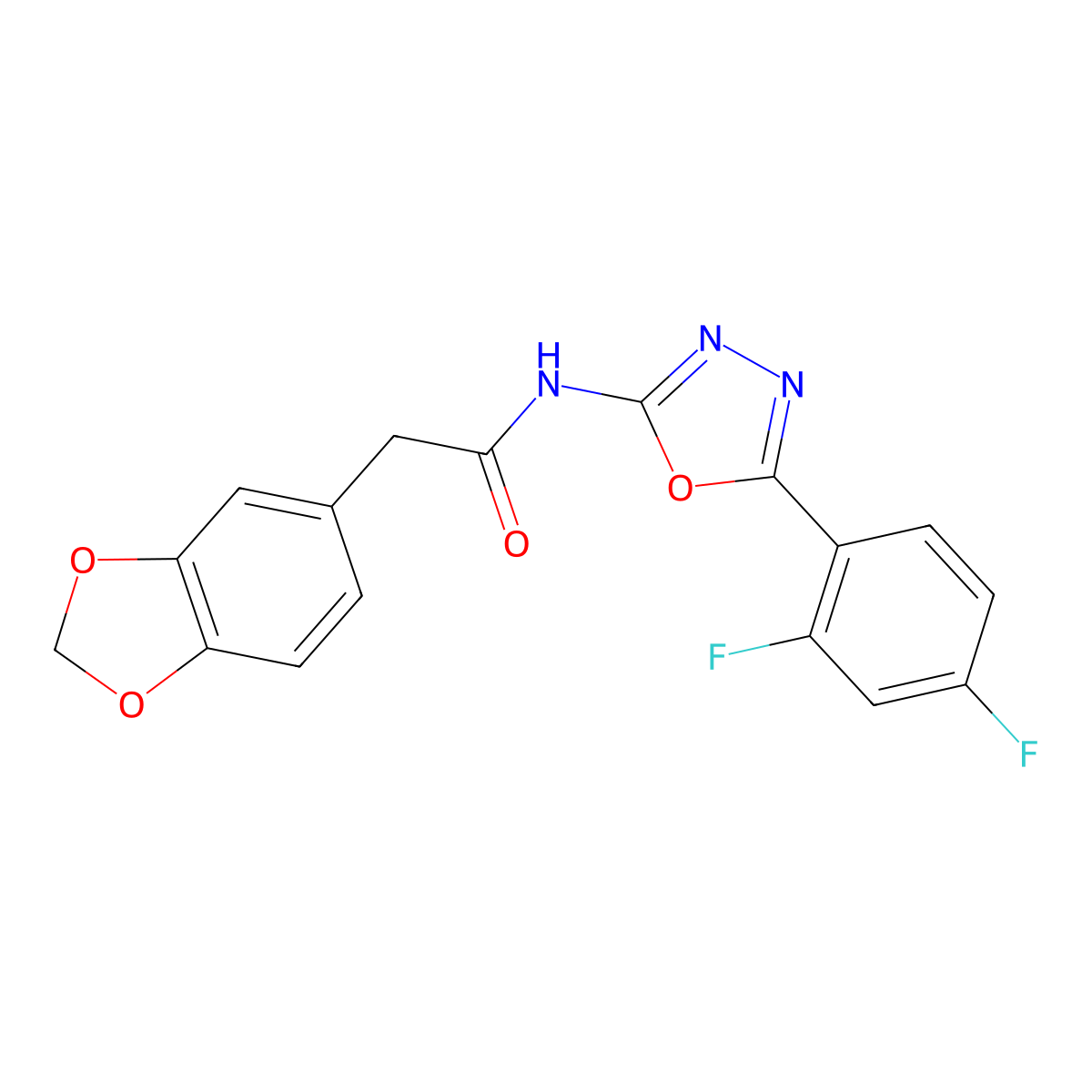 2-(benzo[d][1,3]dioxol-5-yl)-N-(5-(2,4-difluorophenyl)-1,3,4-oxadiazol-2-yl)acetamide molecular structure, CAS 1171493-70-1