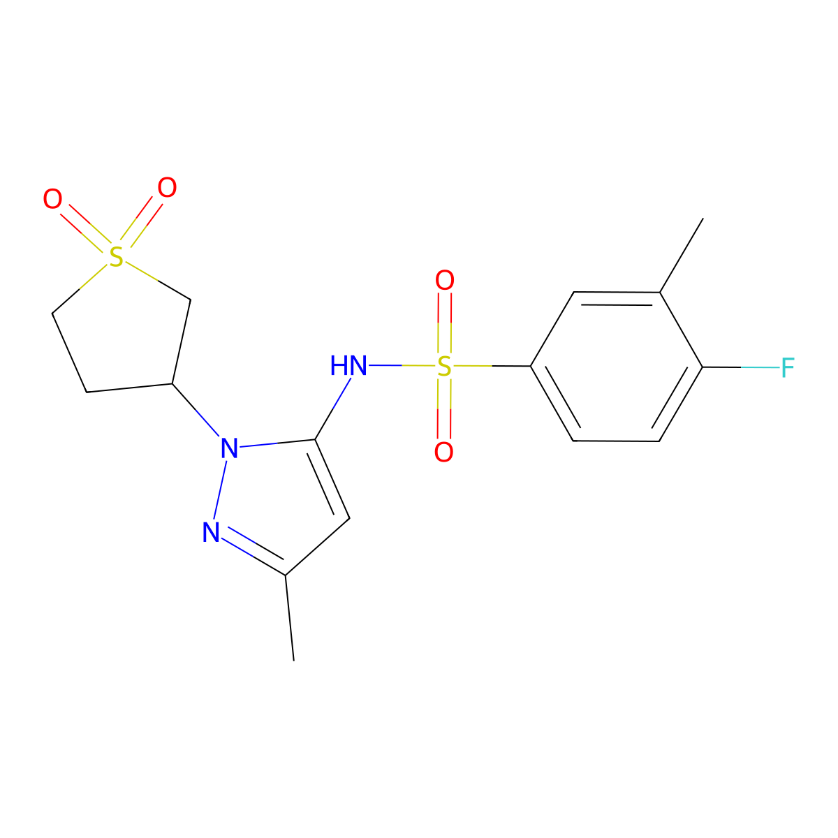 N-(1-(1,1-dioxidotetrahydrothiophen-3-yl)-3-methyl-1H-pyrazol-5-yl)-4-fluoro-3-methylbenzenesulfonamide molecular structure, CAS 1171495-45-6
