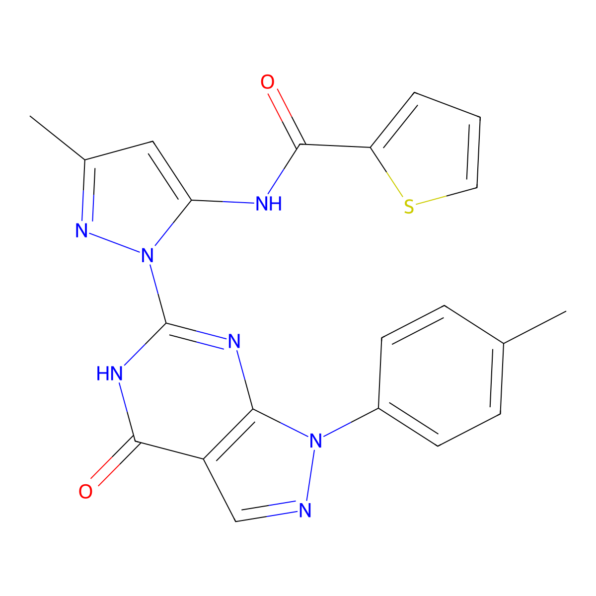 N-(3-methyl-1-(4-oxo-1-(p-tolyl)-4,5-dihydro-1H-pyrazolo[3,4-d]pyrimidin-6-yl)-1H-pyrazol-5-yl)thiophene-2-carboxamide molecular structure, CAS 1171496-13-1