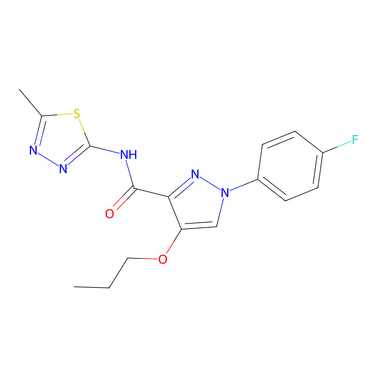 1-(4-fluorophenyl)-N-(5-methyl-1,3,4-thiadiazol-2-yl)-4-propoxy-1H-pyrazole-3-carboxamide molecular structure, CAS 1171496-95-9
