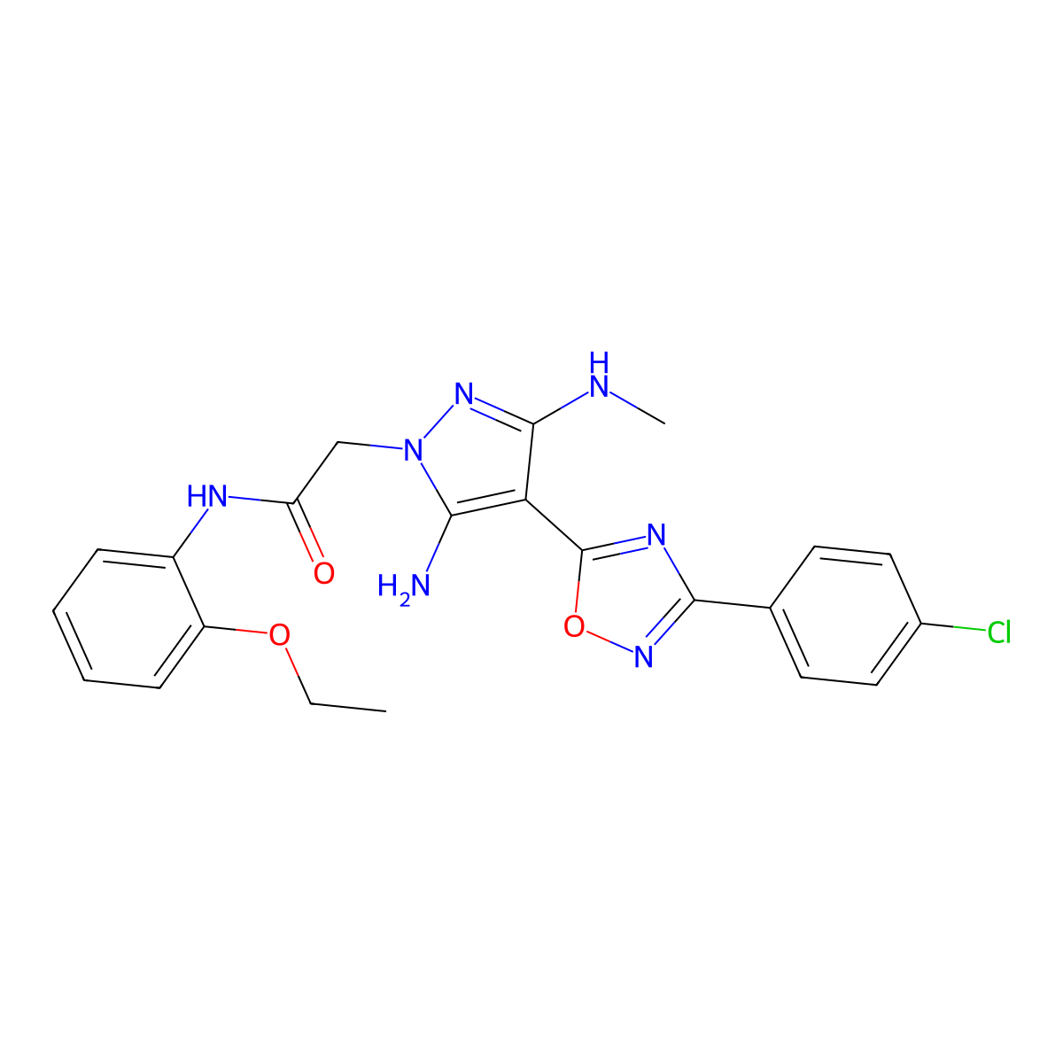 2-{5-amino-4-[3-(4-chlorophenyl)-1,2,4-oxadiazol-5-yl]-3-(methylamino)-1H-pyrazol-1-yl}-N-(2-ethoxyphenyl)acetamide molecular structure, CAS 1171498-01-3